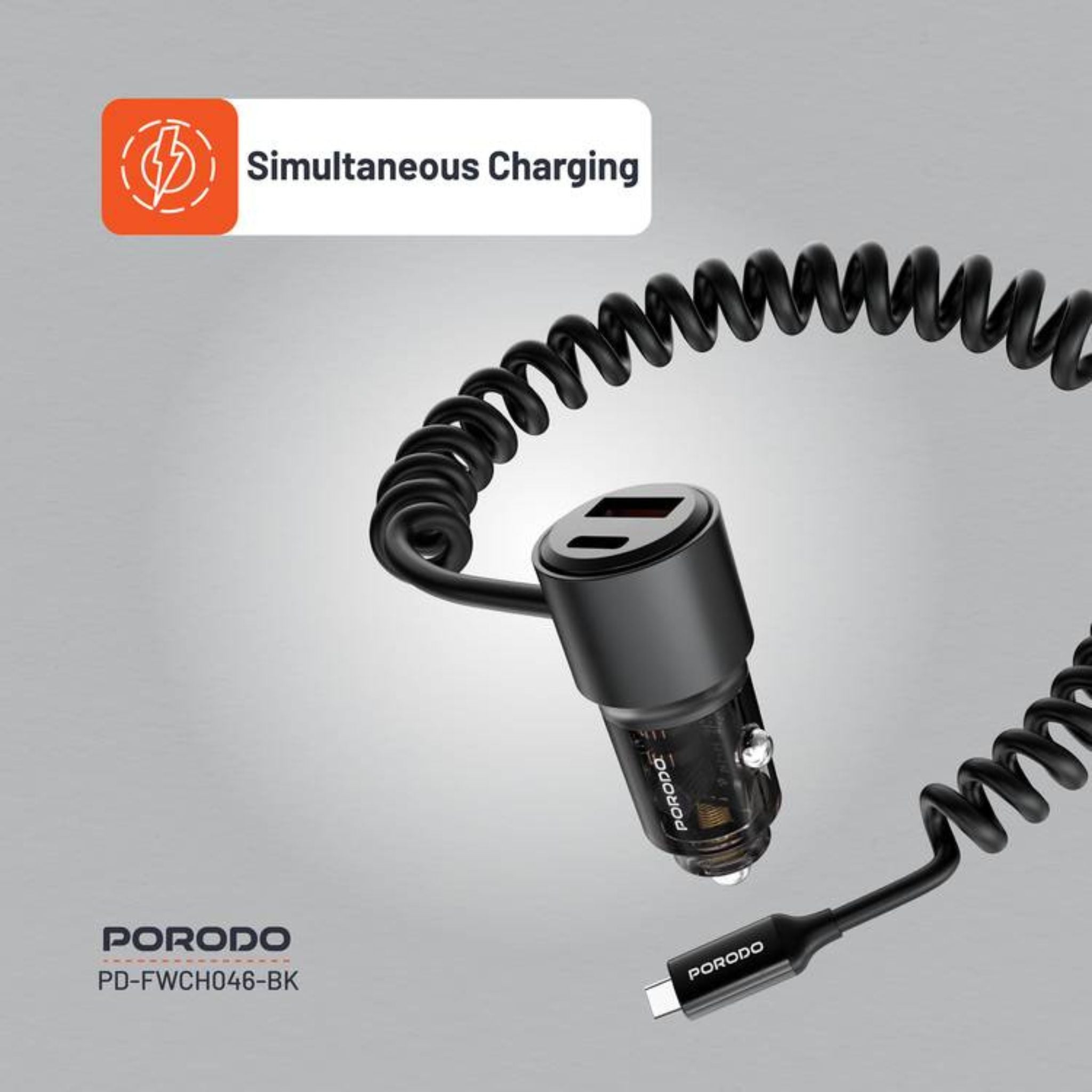 Porodo 110W Car Charger, USB-A+C Ports, 12-24V Input, 1.5m Spring Coiled Cable, Integrated USB-C Cable - Black