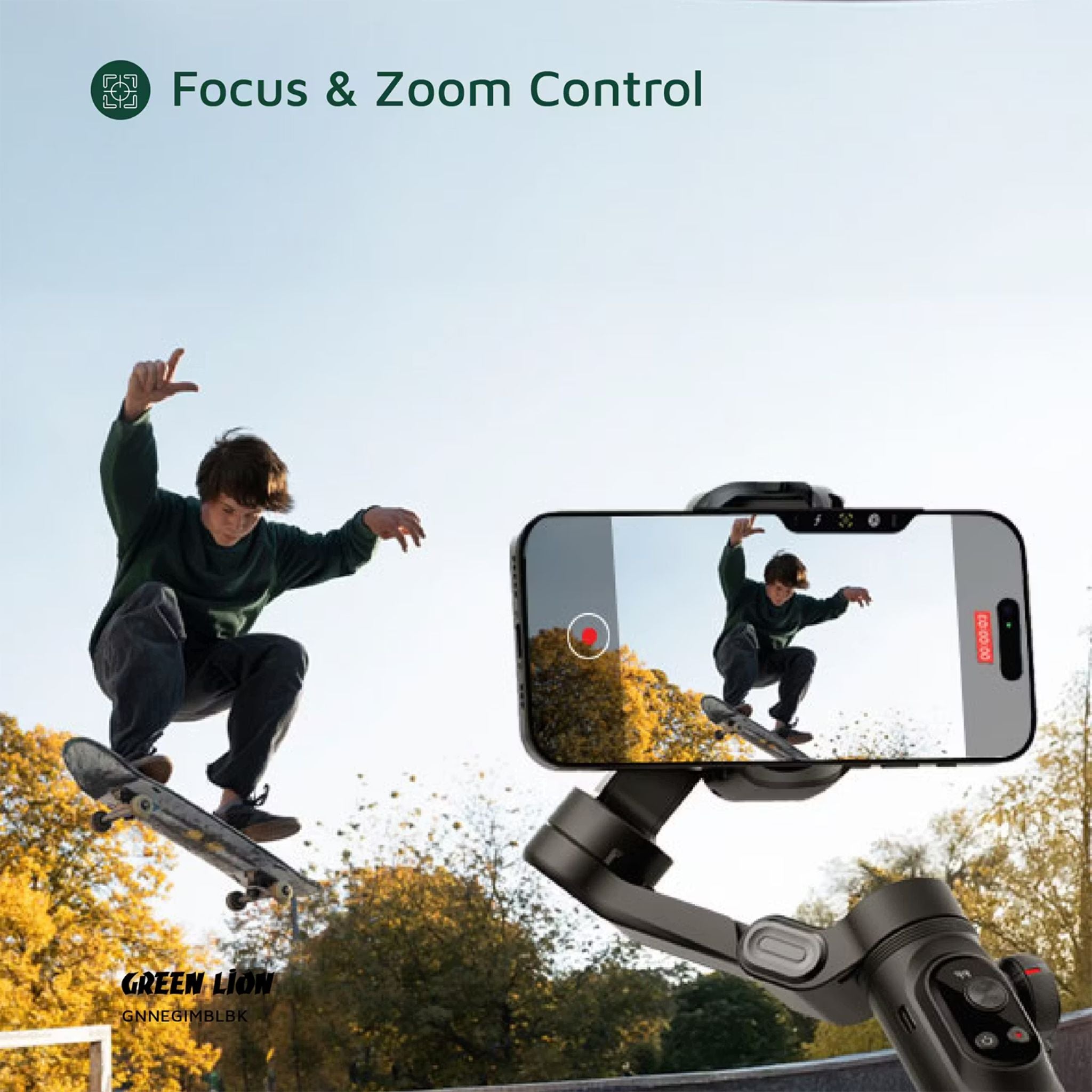 Green Lion New York Gimbal Smart Face Tracking with 6 Shooting Modes, Focus & Zoom Control, 310° Pan Rotation, 250g Load Capacity, Built-in Fill Light - Black