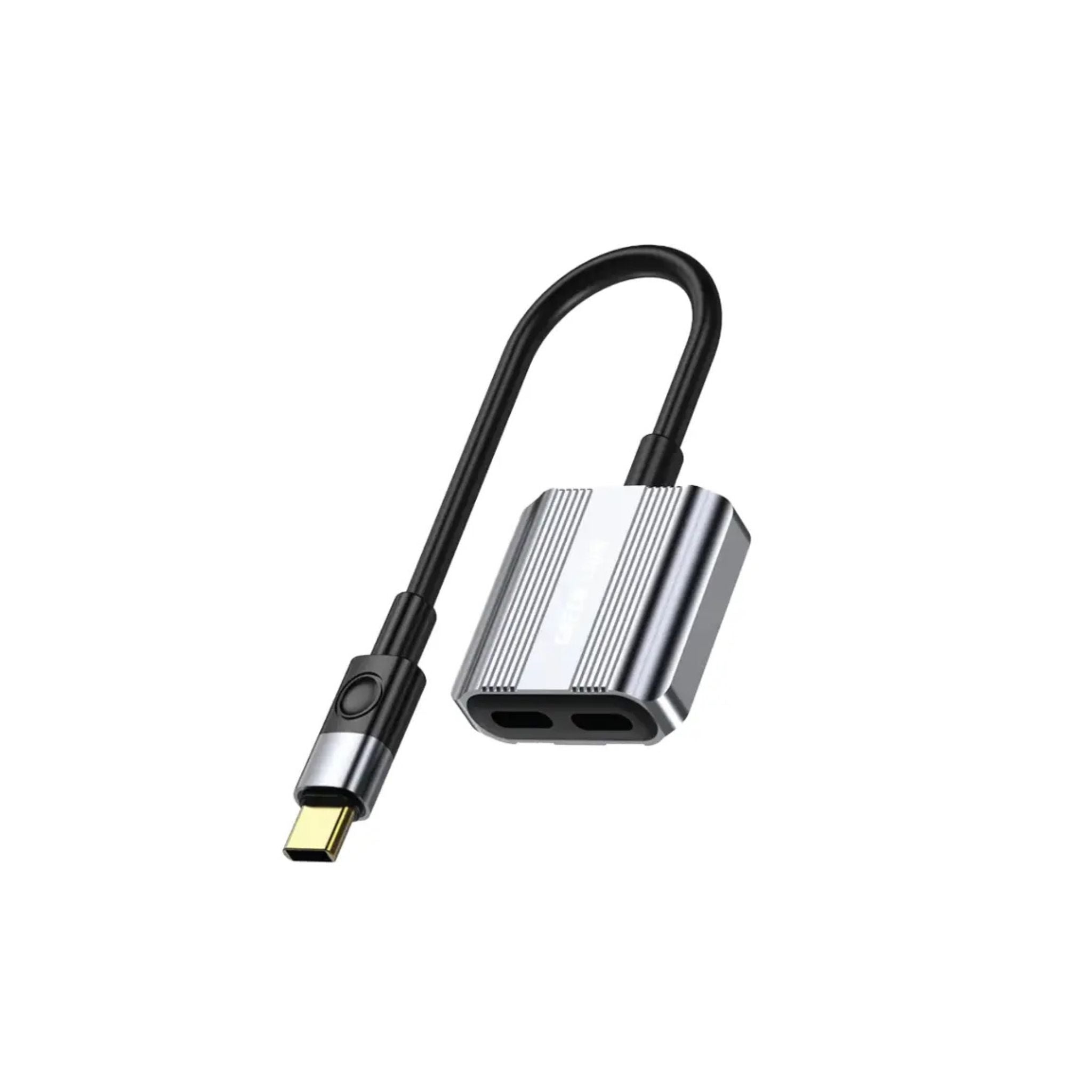 A Green Lion brand 2-in-1 splitter adapter with a Type-C to Dual Type-C configuration. The adapter is metallic with black and silver colors, showing the Type-C connector on one end and a dual port on the other.