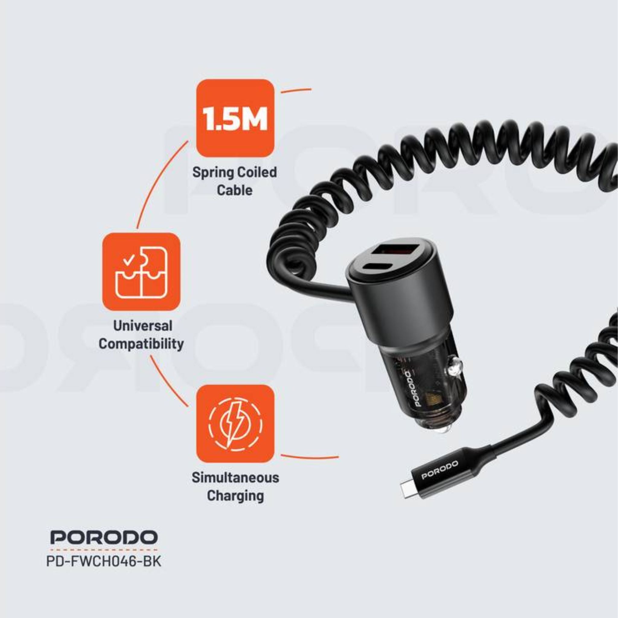 Porodo 110W Car Charger, USB-A+C Ports, 12-24V Input, 1.5m Spring Coiled Cable, Integrated USB-C Cable - Black
