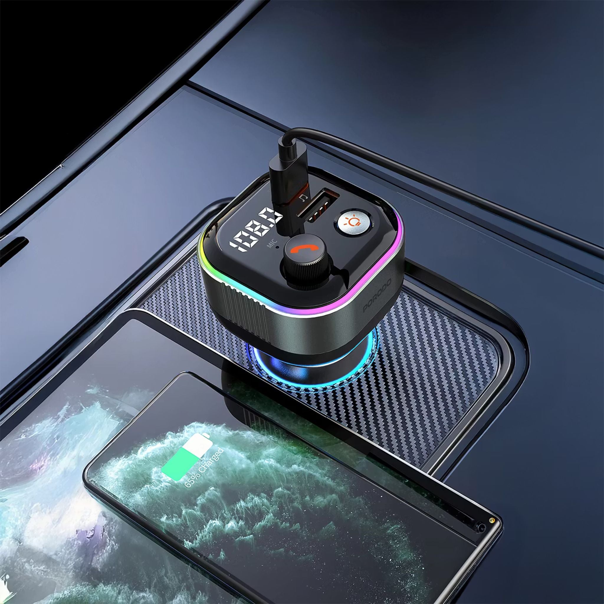 Porodo Audio Boost Bluetooth FM Transmitter Quick-Charge Car Charger with 65W PD, USB-A & USB-C Outputs, USB Flash, 80cm Retractable Type-C Cable, 87.5-107.8 FM Frequency, LED Ambient Lighting, Universal Compatibility - Dark Gray