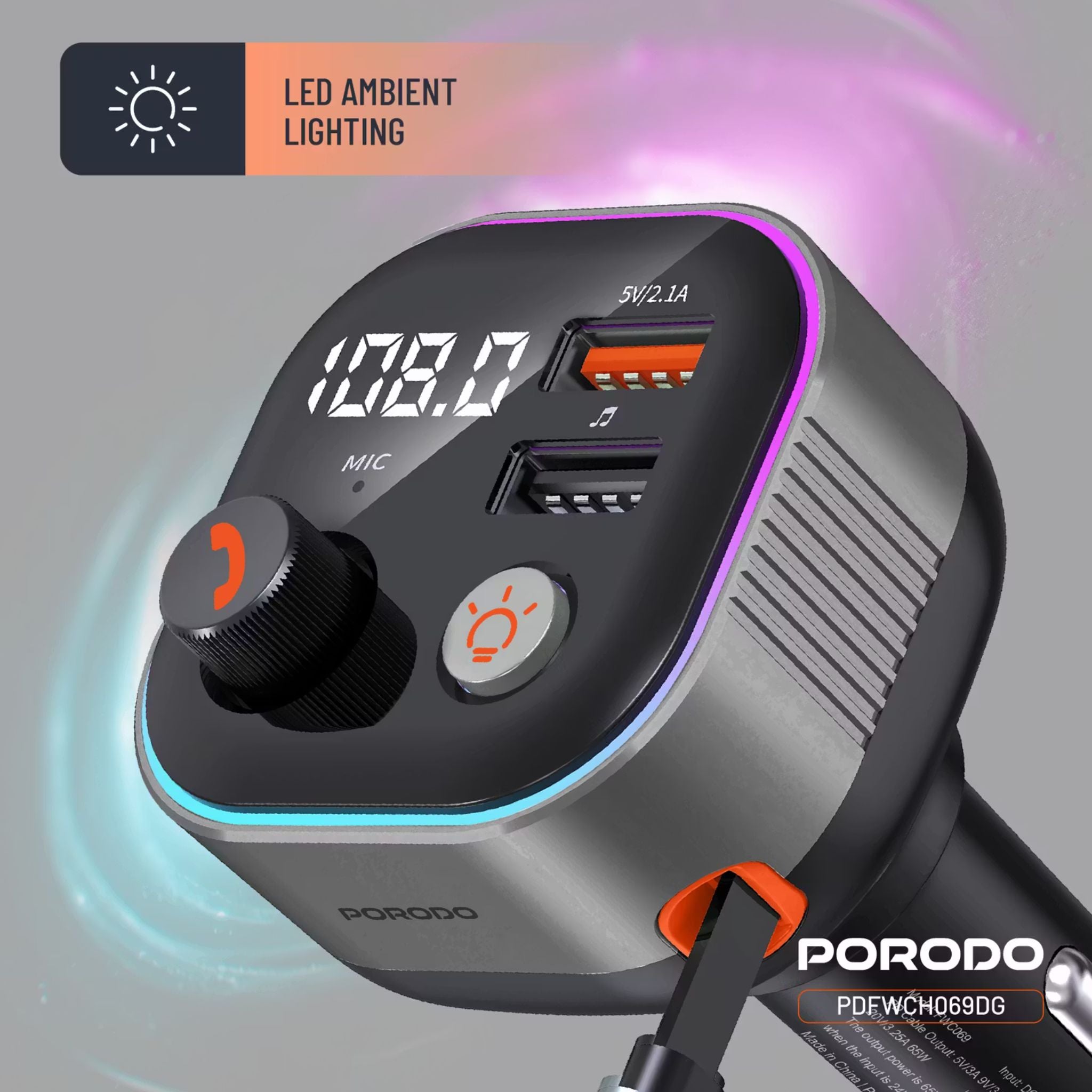 Porodo Audio Boost Bluetooth FM Transmitter Quick-Charge Car Charger with 65W PD, USB-A & USB-C Outputs, USB Flash, 80cm Retractable Type-C Cable, 87.5-107.8 FM Frequency, LED Ambient Lighting, Universal Compatibility - Dark Gray