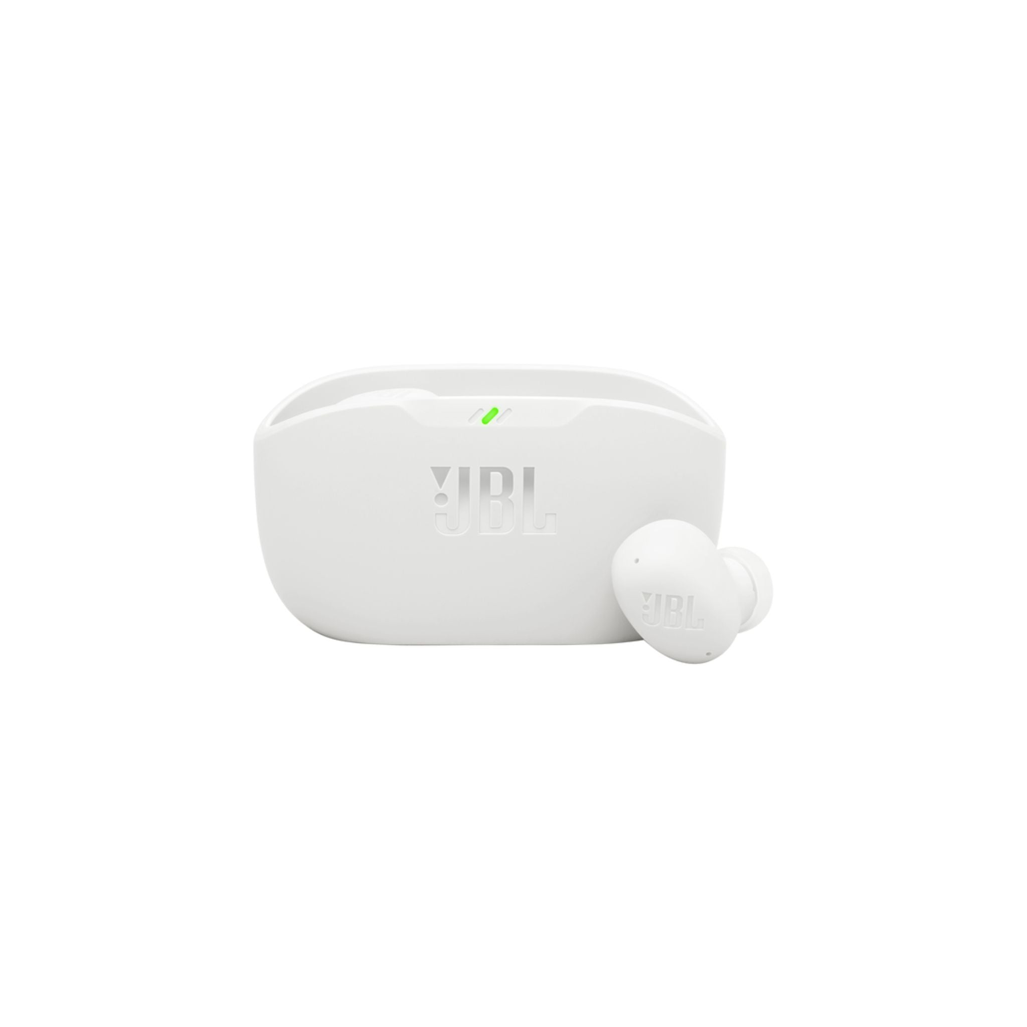 JBL Wave Buds 2 True Wireless Noise Cancelling Earbuds in white color, featuring a charging case.