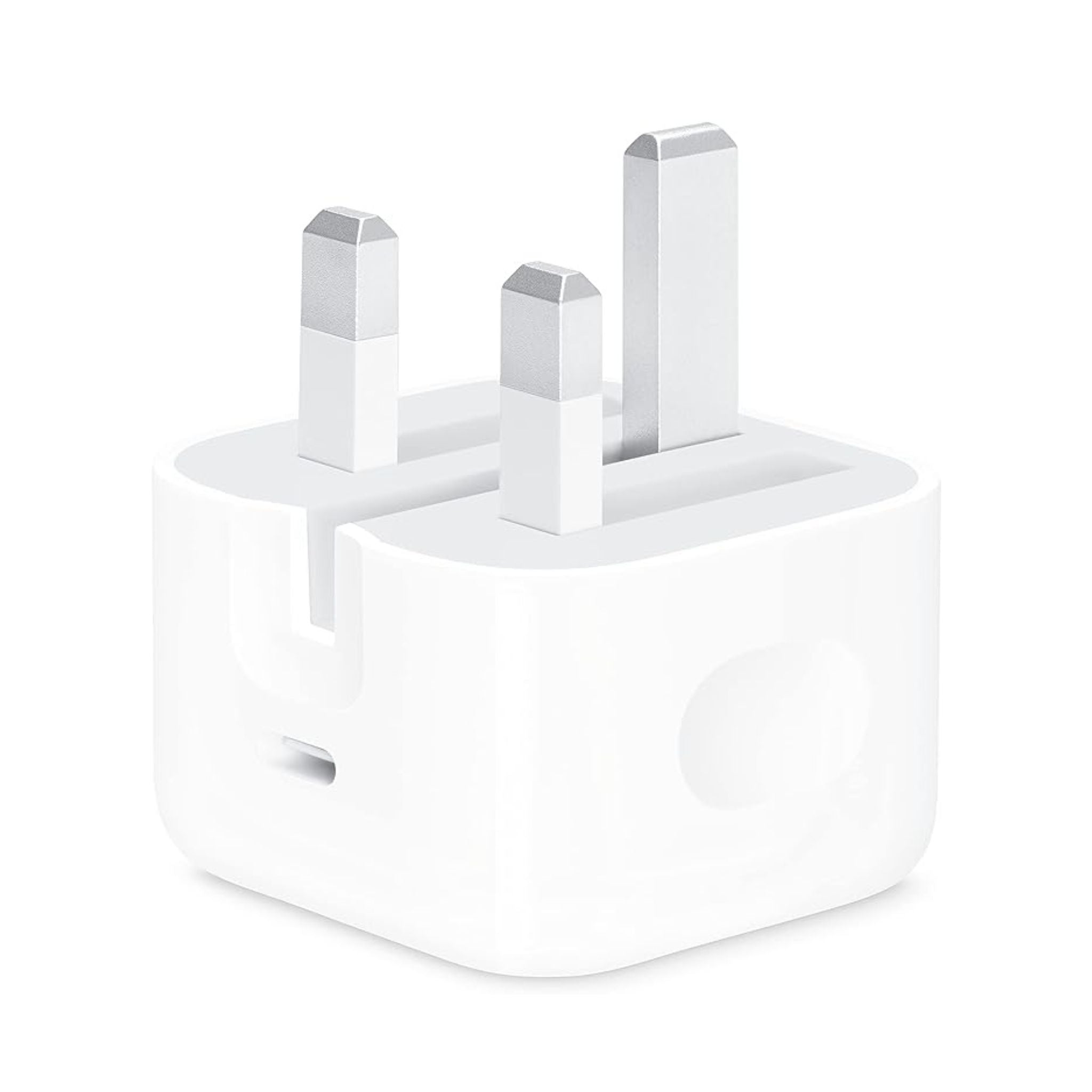 A white Apple 20W USB-C power adapter with a three-prong plug.