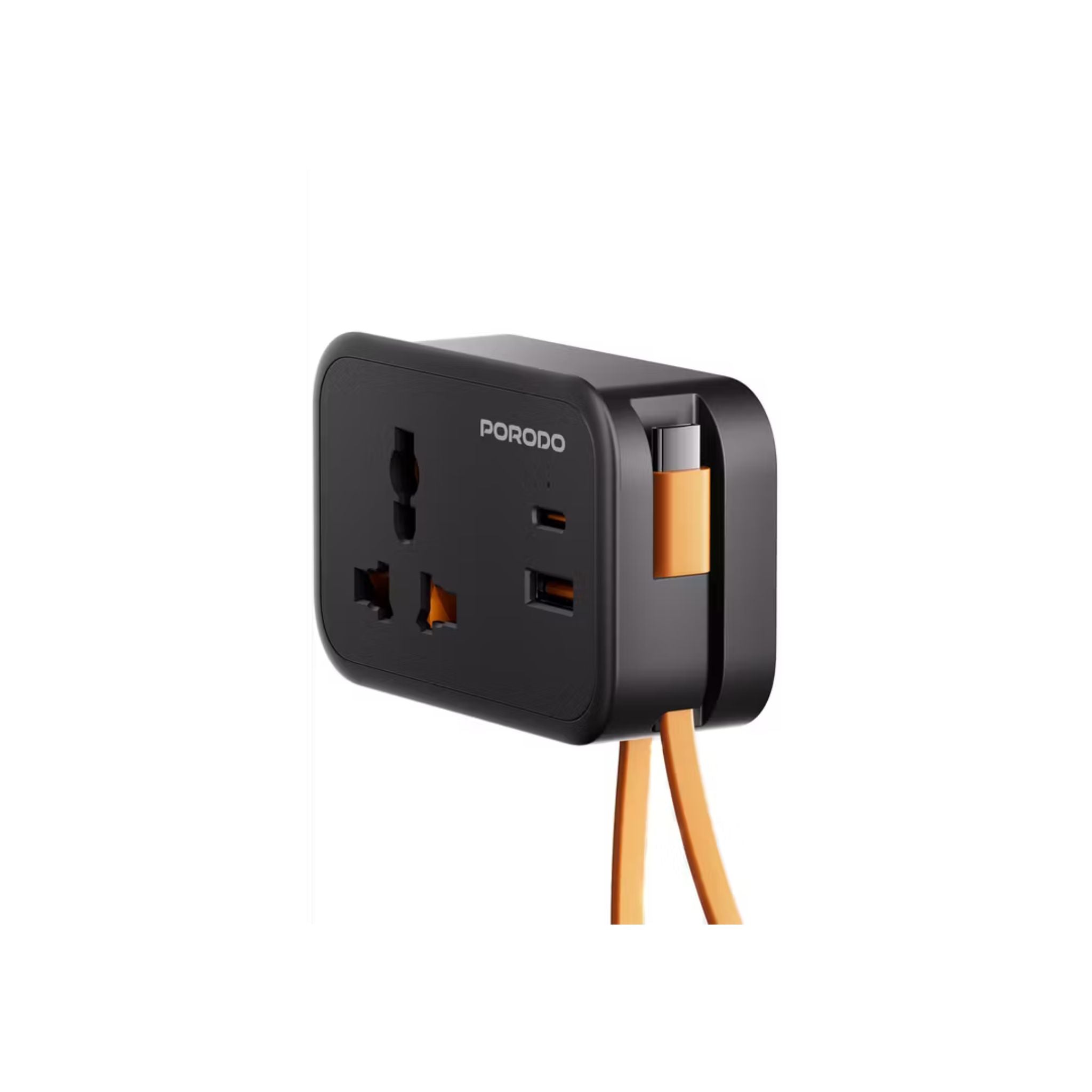 Porodo Universal Wall Socket with 30cm Built-in USB-C Cable, Simultaneous Charging, 20W PD, 18W QC, Fireproof Material, Fuse Protection, UK 3-Pin Plug - Black