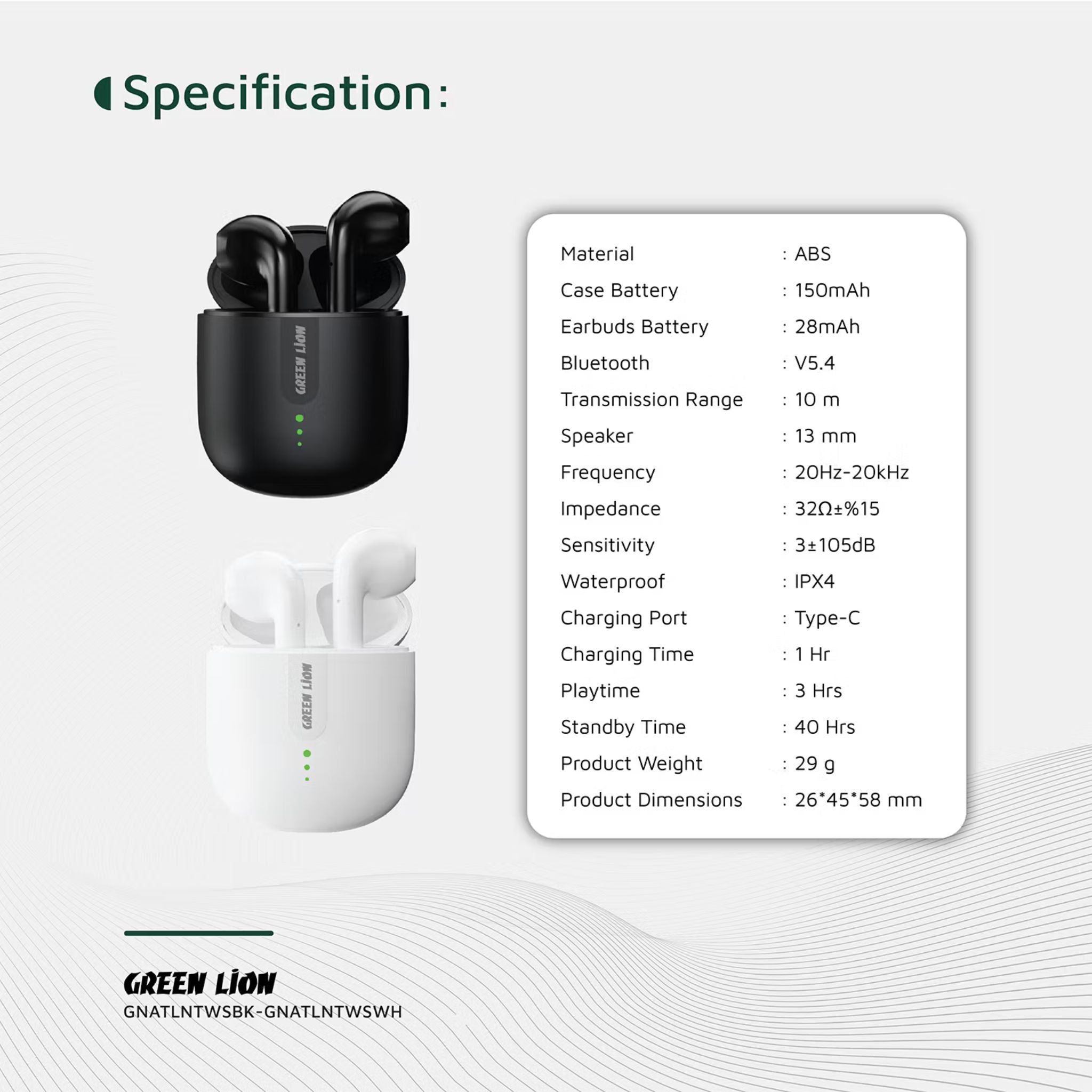 Green Lion Atlanta True Wireless Earbuds with Built-in Microphone, IPX4 Waterproof Level, Voice Assistant, HiFi Sound, Touch Control, 3 Hours Playtime - Black