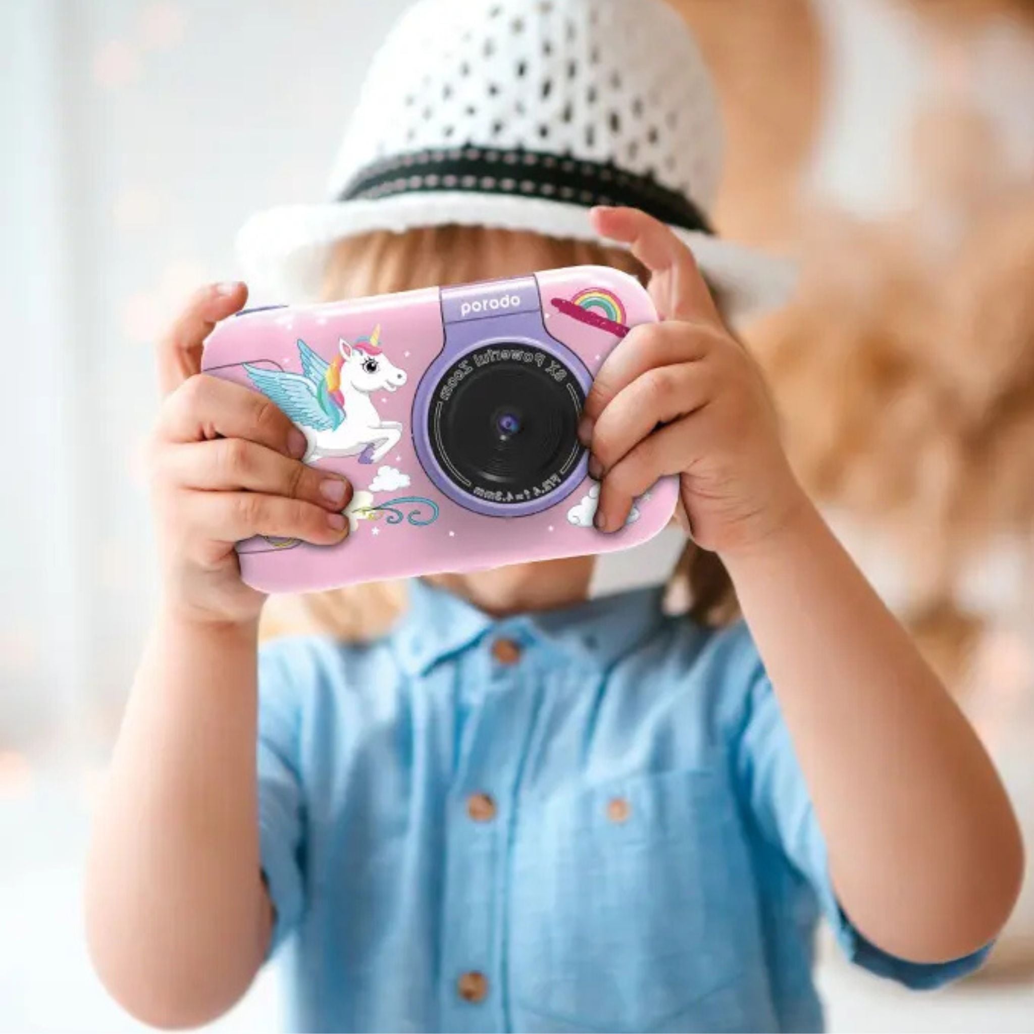 Porodo Lifestyle Kids Flip Digital Camera, 2.4" Screen, 12MP Photos (Up to 48MP), 1080P Video, 180° Flip Lens, 5 Color Filters, 1000mAh Battery, Type-C Charging, Up to 4H Use, Micro SD Support up to 32GB, Tripod Included – Pink