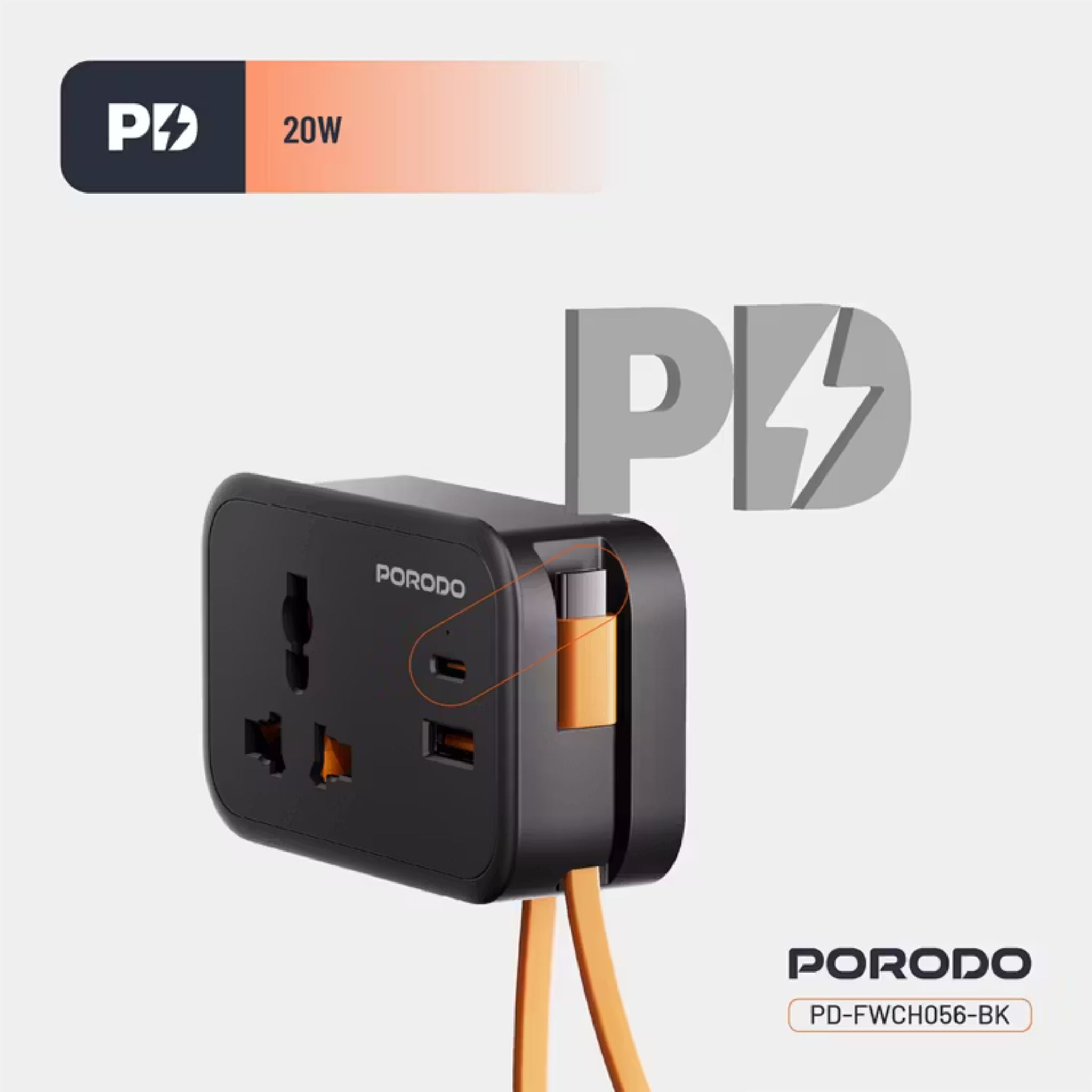 Porodo Universal Wall Socket with 30cm Built-in USB-C Cable, Simultaneous Charging, 20W PD, 18W QC, Fireproof Material, Fuse Protection, UK 3-Pin Plug - Black