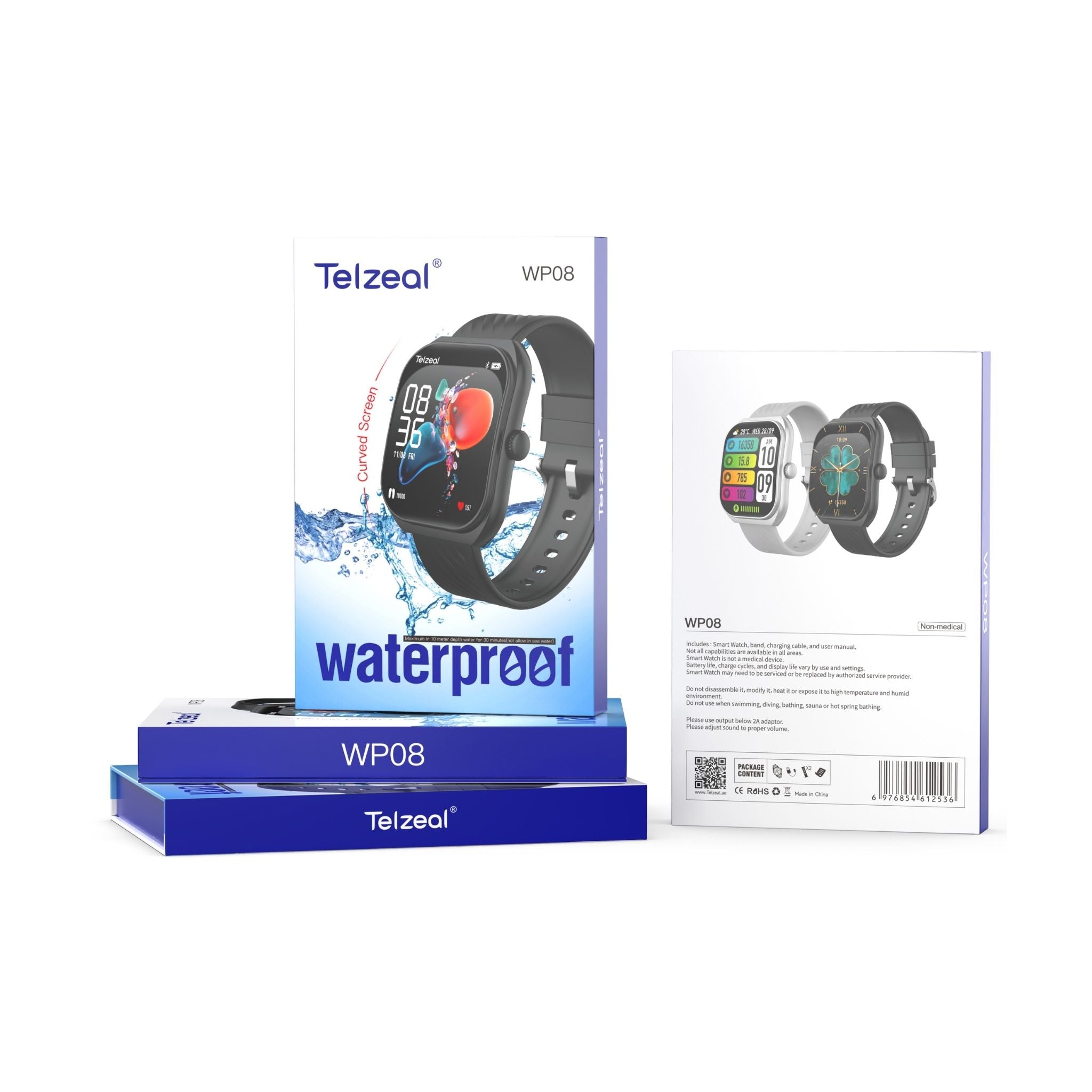 Telzeal WP08 Waterproof Smartwatch with Curved Full-Touch Display, Dual Strap Set (2 Pairs), Stylish & Comfortable Design – Black
