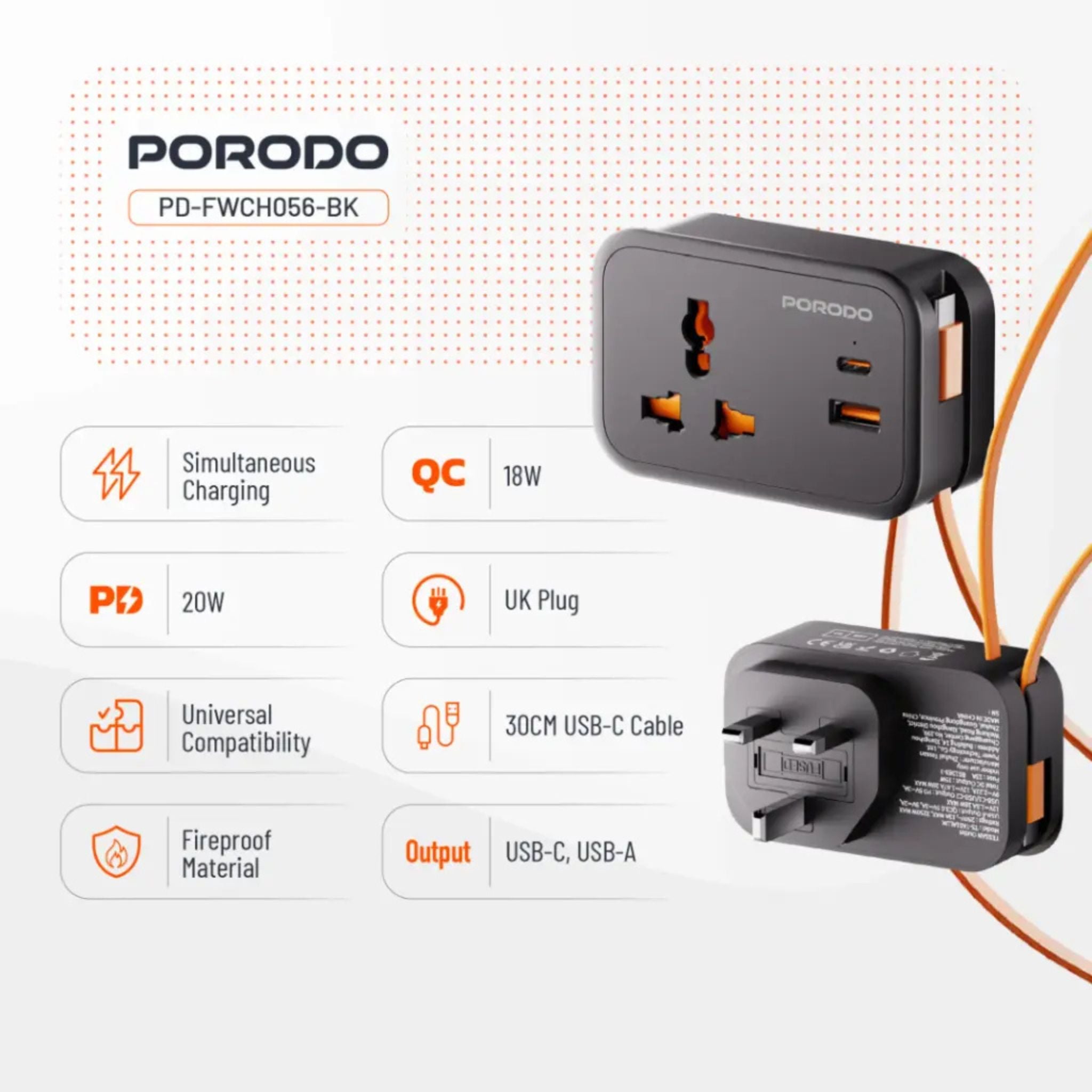 Porodo Universal Wall Socket with 30cm Built-in USB-C Cable, Simultaneous Charging, 20W PD, 18W QC, Fireproof Material, Fuse Protection, UK 3-Pin Plug - Black