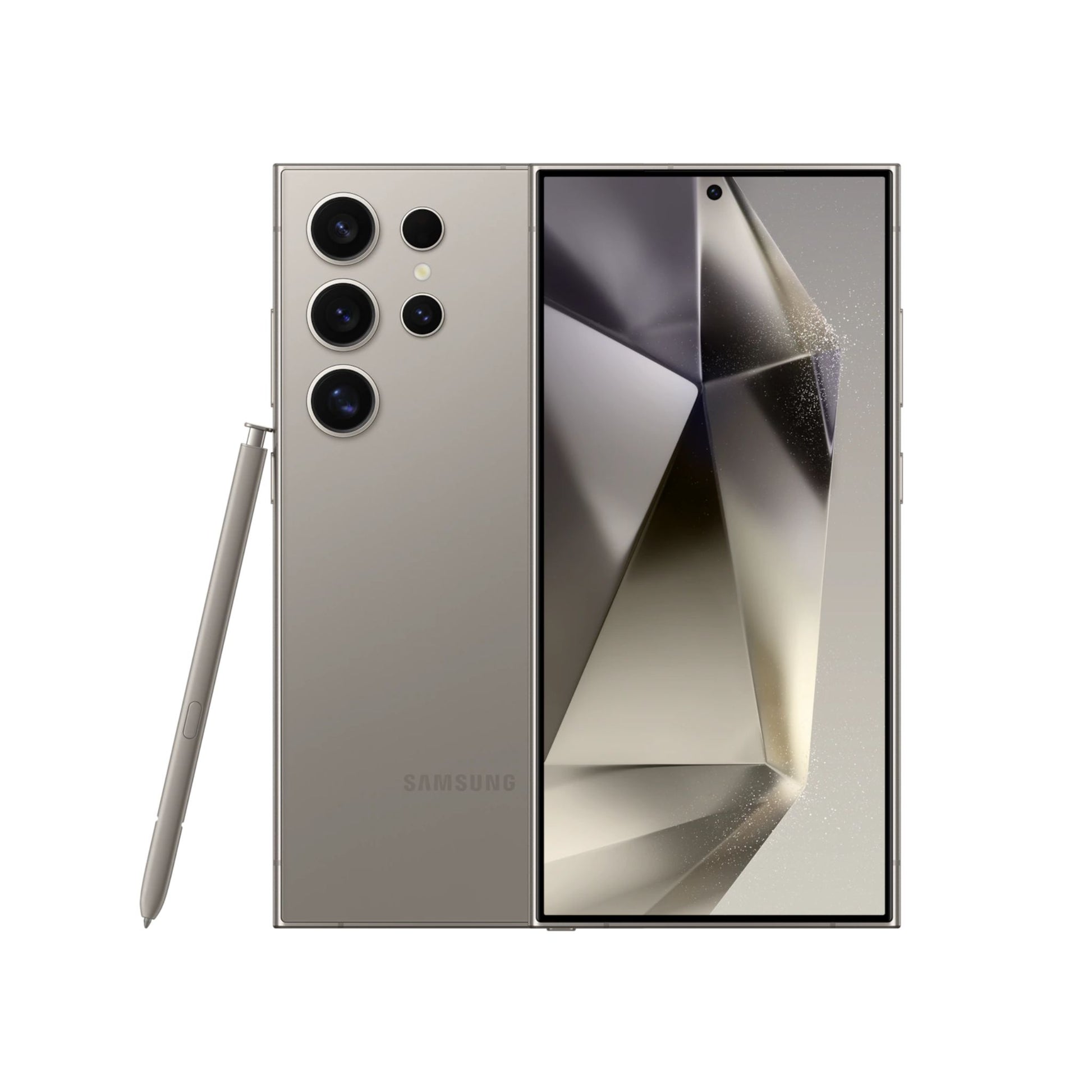 Samsung Galaxy S24 Ultra smartphone in Titanium Gray color, showing the front screen and rear camera setup.