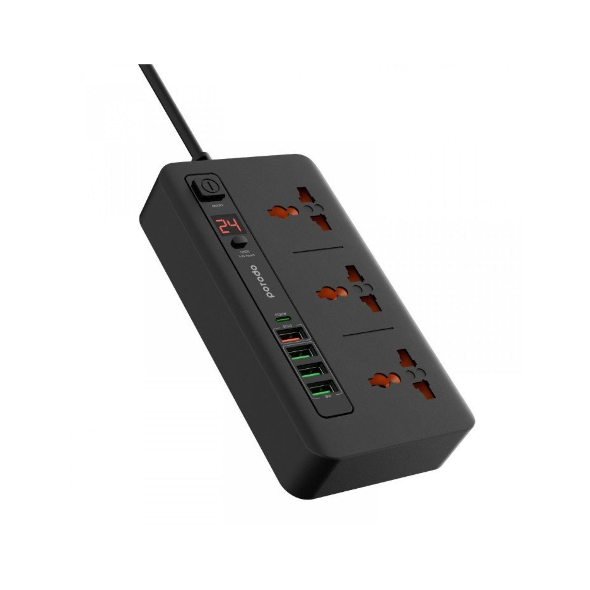 A black Porodo Multi-Port Power HUB with multiple USB ports, a power button, and a timer feature.