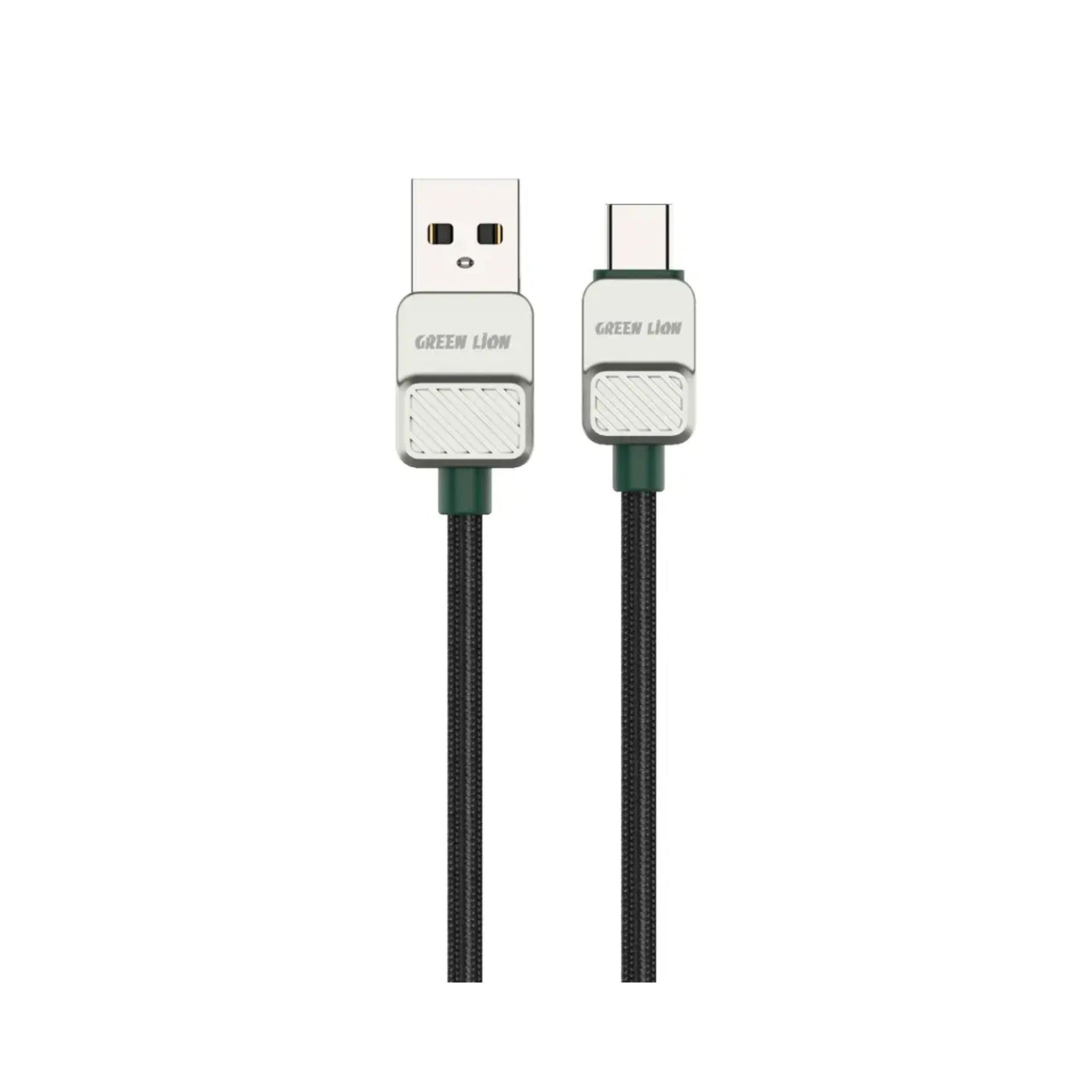 A black and green braided USB A to USB C cable by Green Lion, with the brand name visible on the USB-C connector.
