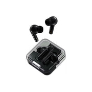 Black wireless earbuds with charging case on a white background