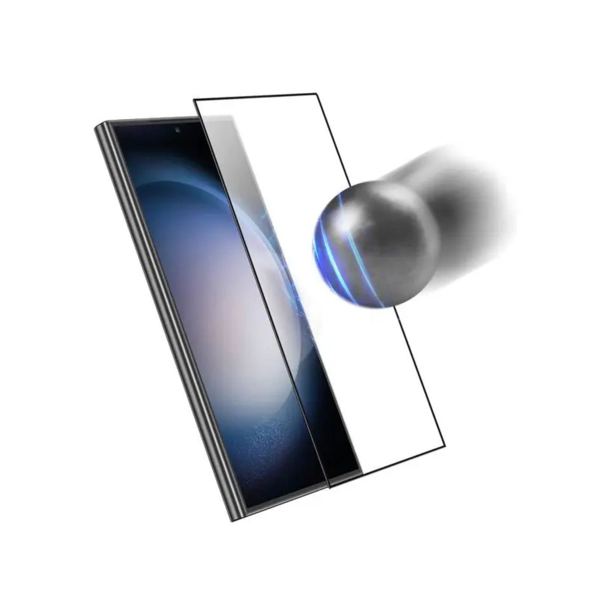 A diagram illustrating the placement and fit of a screen protector on a Samsung Galaxy S24 Ultra, emphasizing its clear appearance and coverage of the screen.