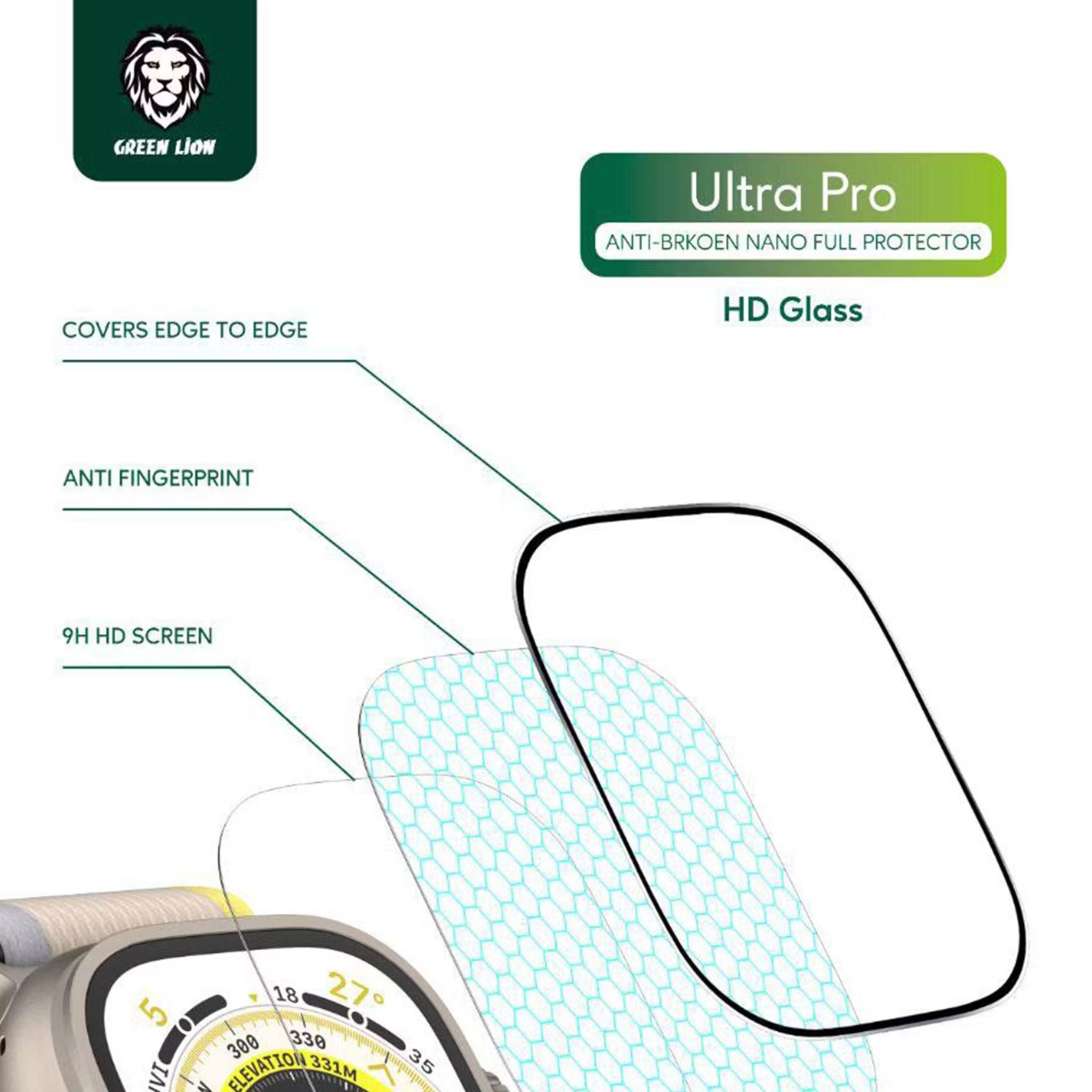 Green Lion Ultra Pro HD Glass Full Protection for Apple Watch 49mm with High Alumina Glass, Oleophobic Coating, Anti Scratch & Anti Fingerprint, Shock Absorbing, Ultra Thin - Crystal Clear