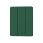 A green leather folio case for iPad with a pencil holder on the back, featuring a stable trifold stand.