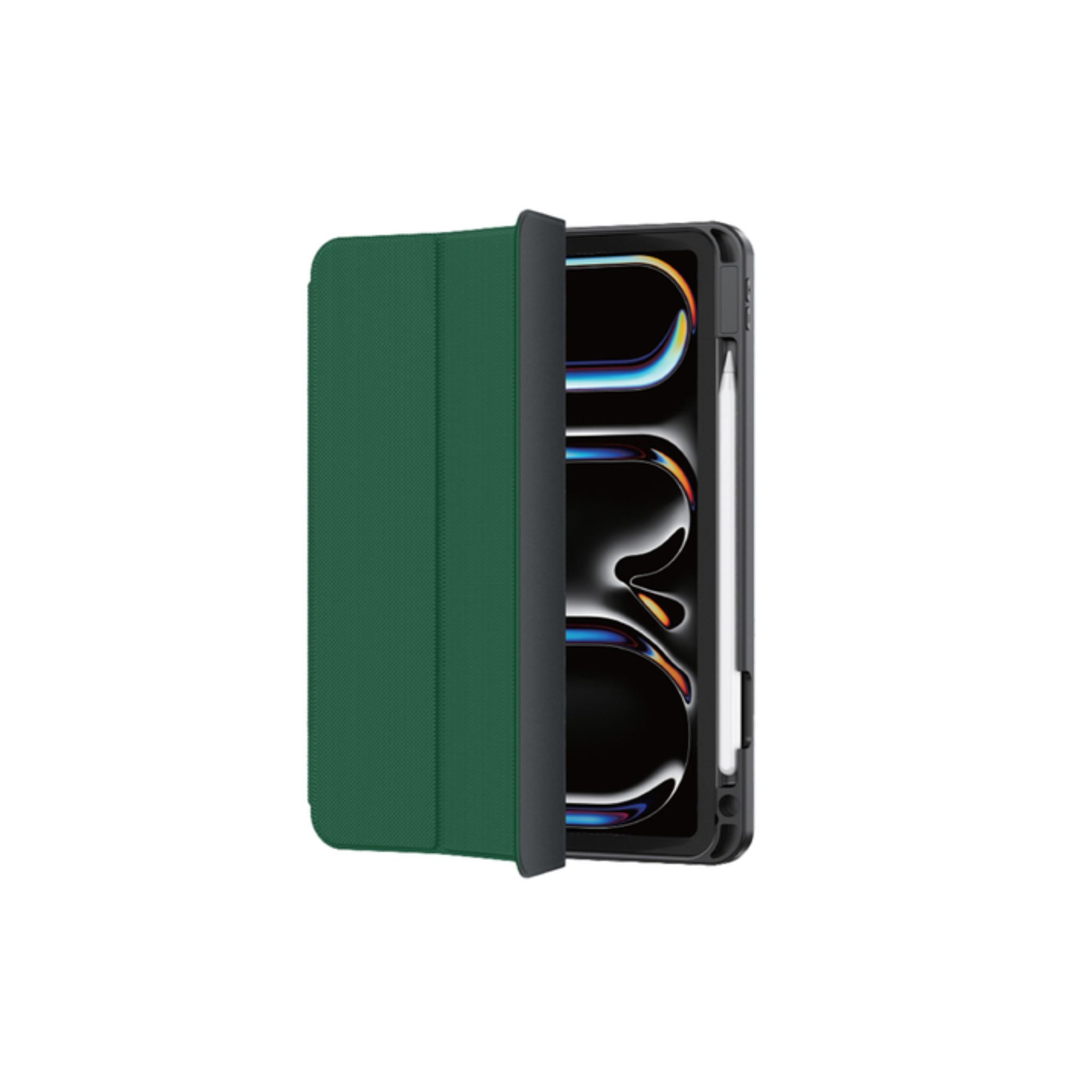 A green leather iPad case with a pencil holder and a stable trifold stand.