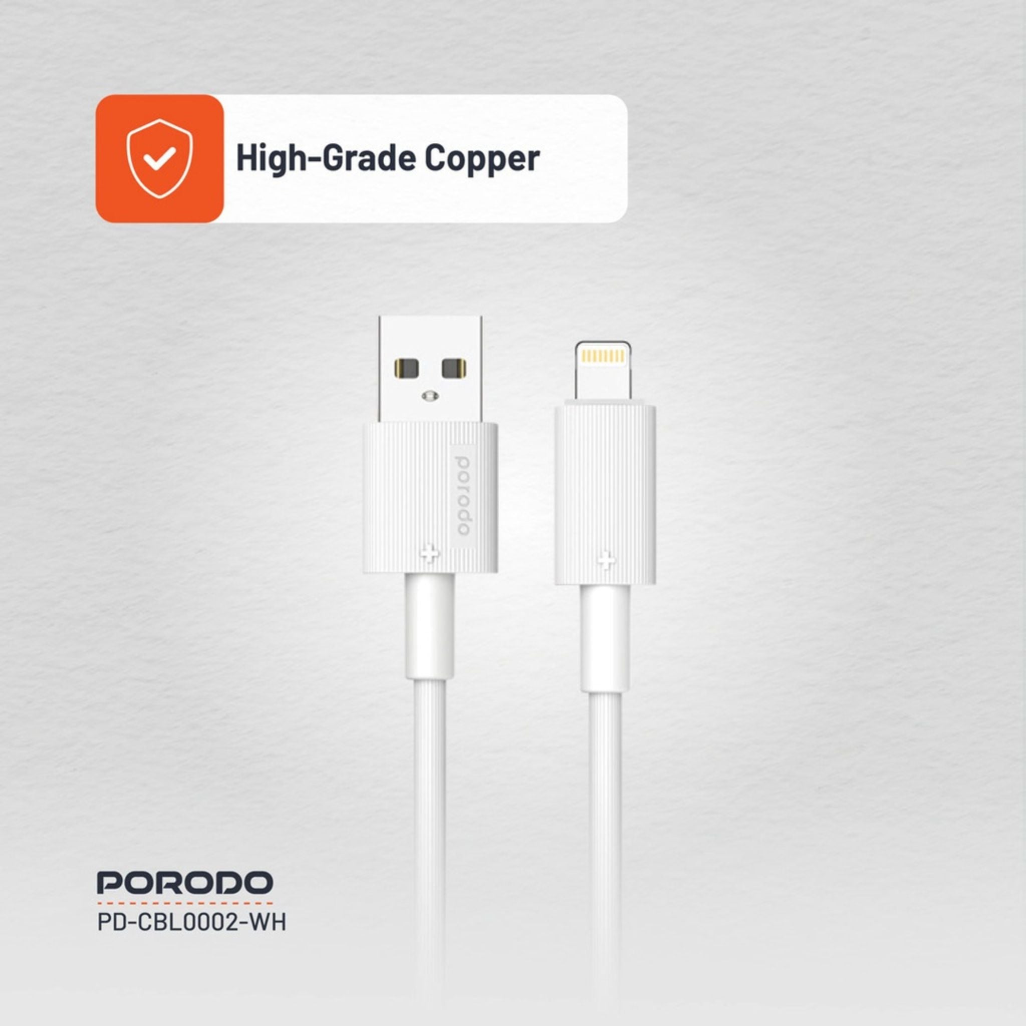 Porodo USB A to Lightning PVC Cable, 480Mbps, 2.4A Current, more than 15000 Bends Life Span, 1.2m Cable length, Tangle Free - White