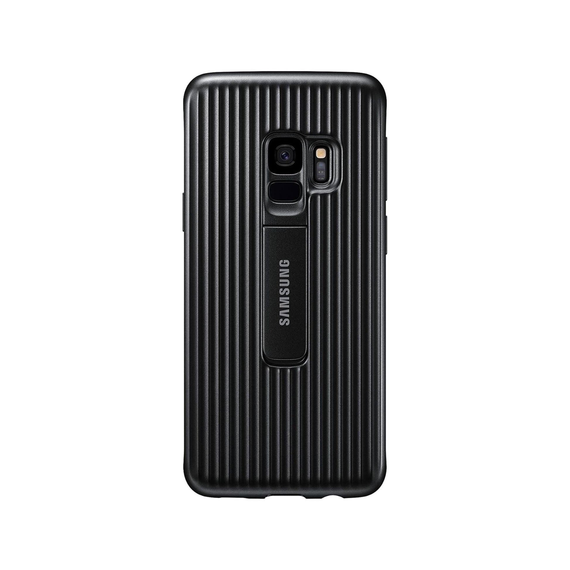Black Samsung phone case with textured design on a white background