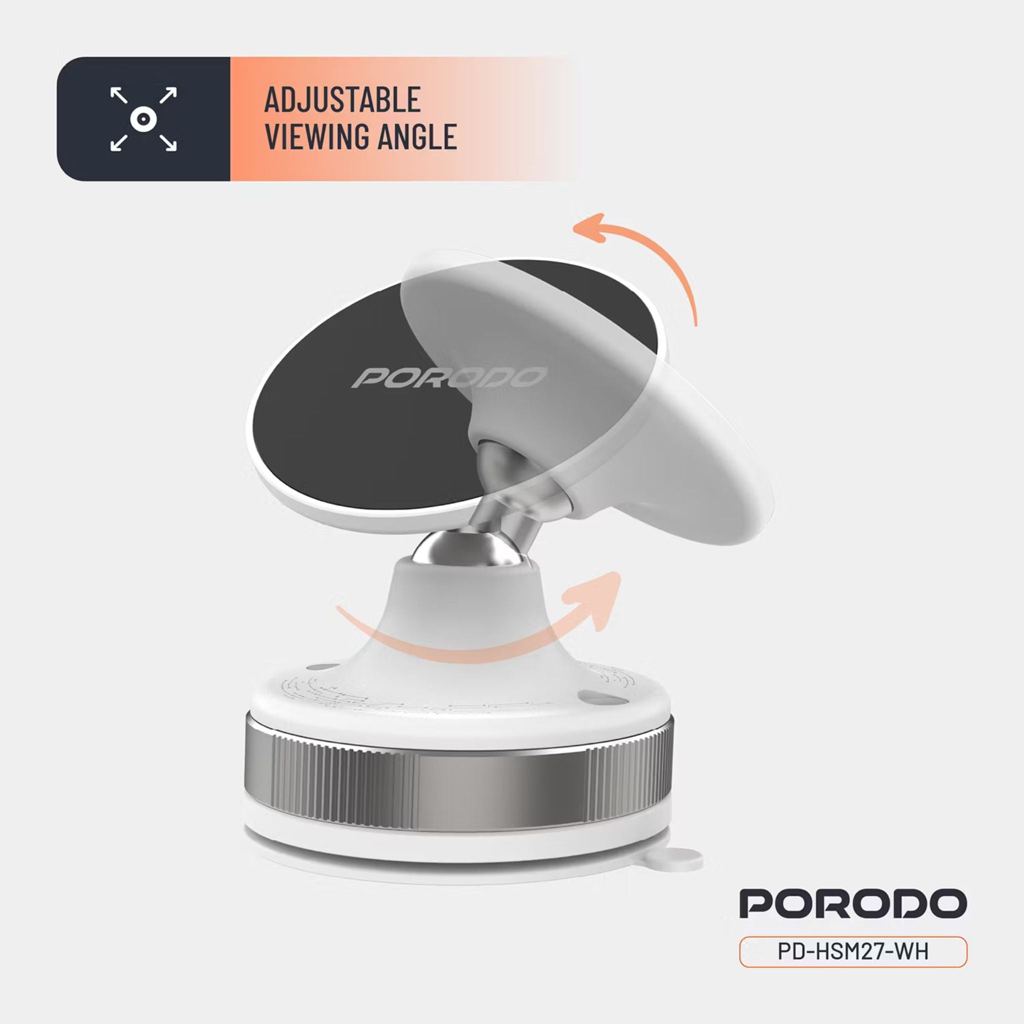 Porodo Vacuseal Smart Suction Magnetic Phone Mount with Adjustable Viewing Angle, N52 Magnets, 5.5" to 6.9" Device Compatibility, Strong Suction - White