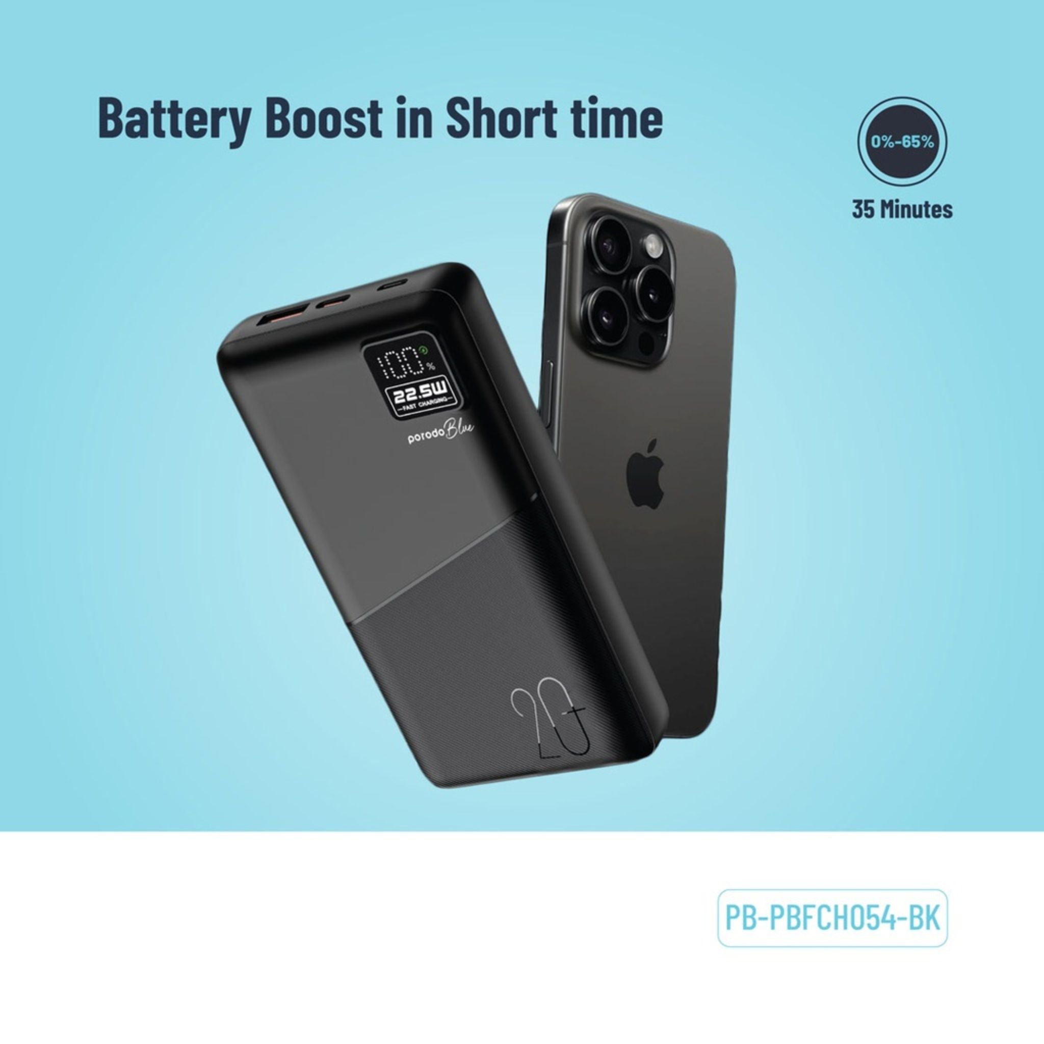 Porodo Blue Quick Charge Power Bank with USB-A & USB-C Outputs, 20000mAh Battery Capacity, Digital Display, 20W Power Delivery - Black
