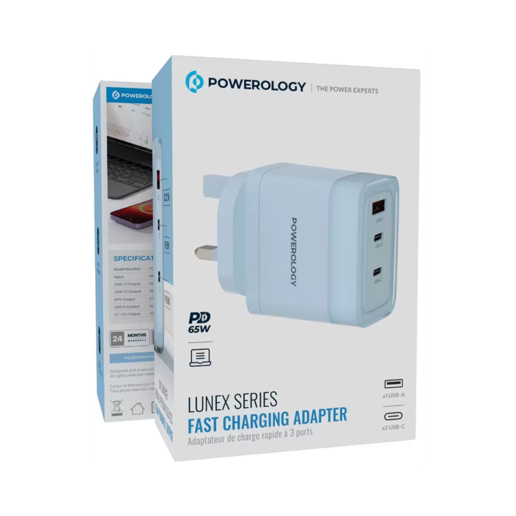 Powerology Lunex Series 3-Port Fast Charging Adapter with UK 3-Pin Power Plug, 65W PD USB-C Output, 22.5W QC USB-A Output, Multi-Device Charging, Powerful Laptop Charging, Universal Protocol Support - Blue
