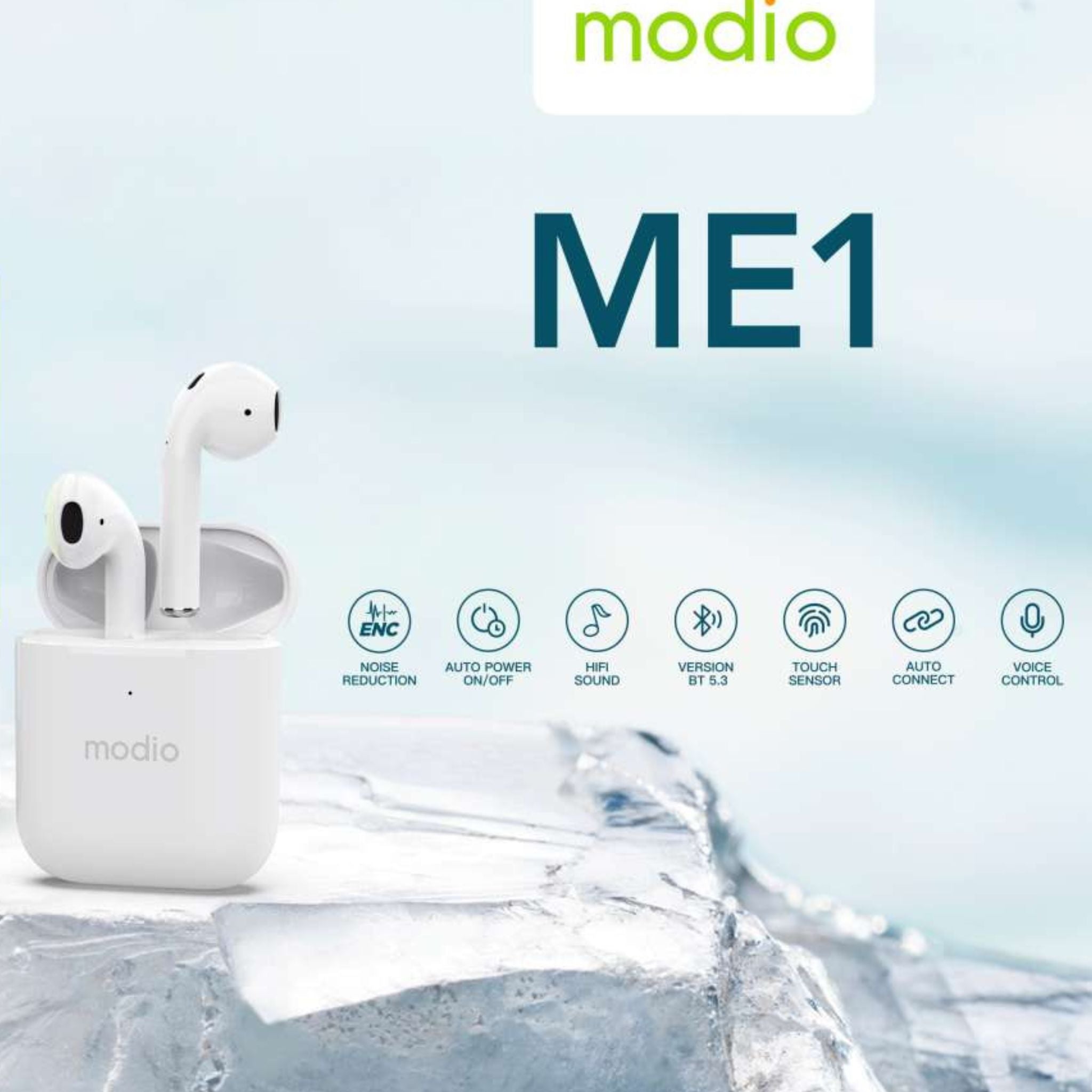 Modio ME1 True Wireless Bluetooth Earbuds Pro – Compact Design, Long Battery, Touch Controls, Comfortable Fit – White