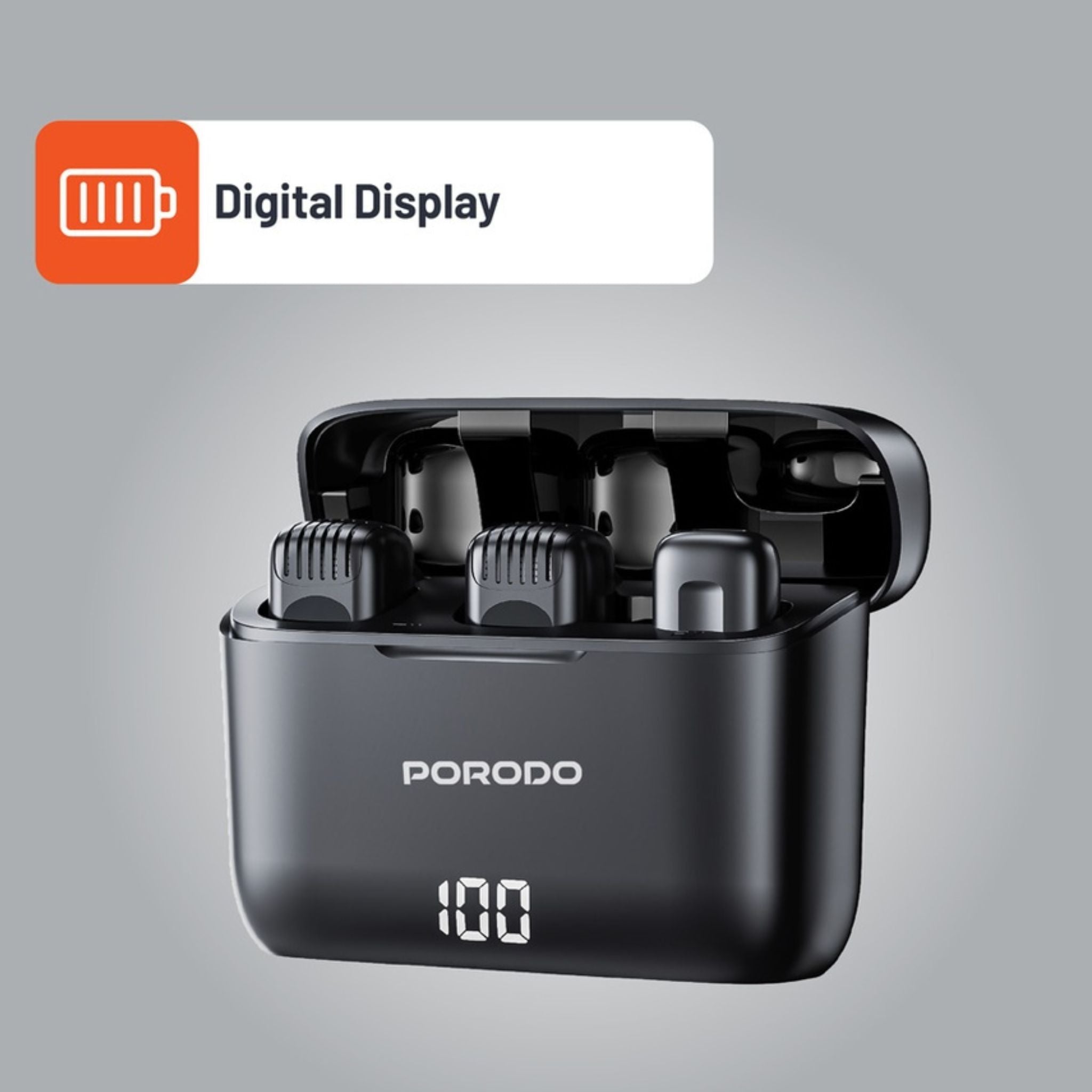 Porodo Lavalier Double Microphone with Charging Case, 4 Hours Working Time, 1 Hour Microphones Recharge Time, 300mAh Case Battery Capacity - Black