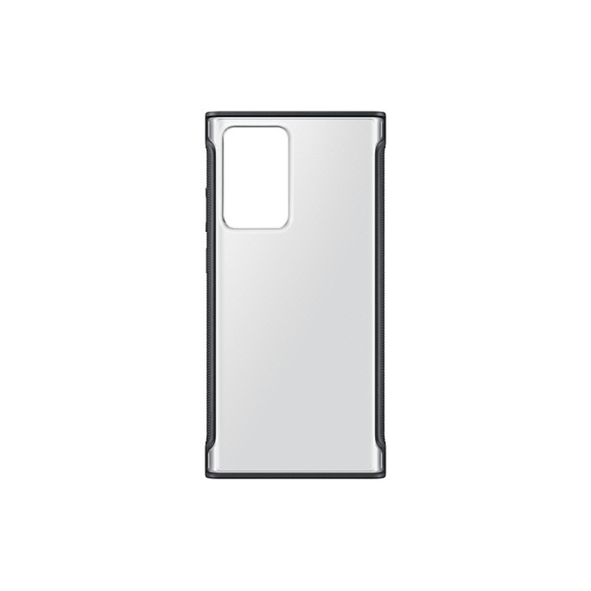 Clear phone case with black border on a white background