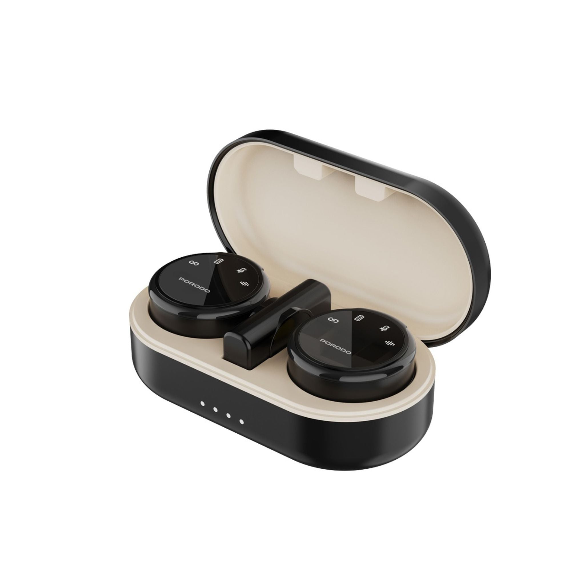 Porodo wireless microphone with dual black microphones inside an open charging case.