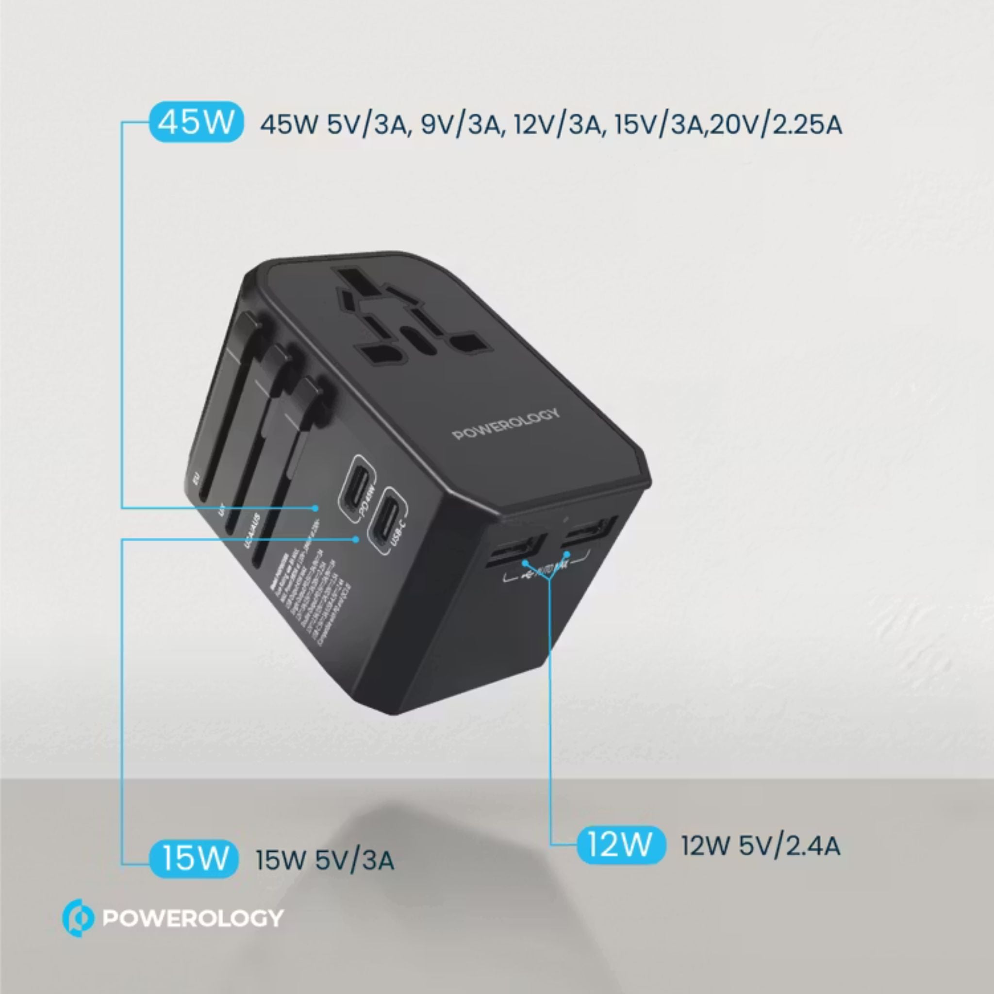 Powerology Universal Multi-Port Travel Charger with 45W Power Delivery, 8A Dual Fuse, Simultaneous Charging, Built-in Safeguards, Fast Charging, Active Protect - Black