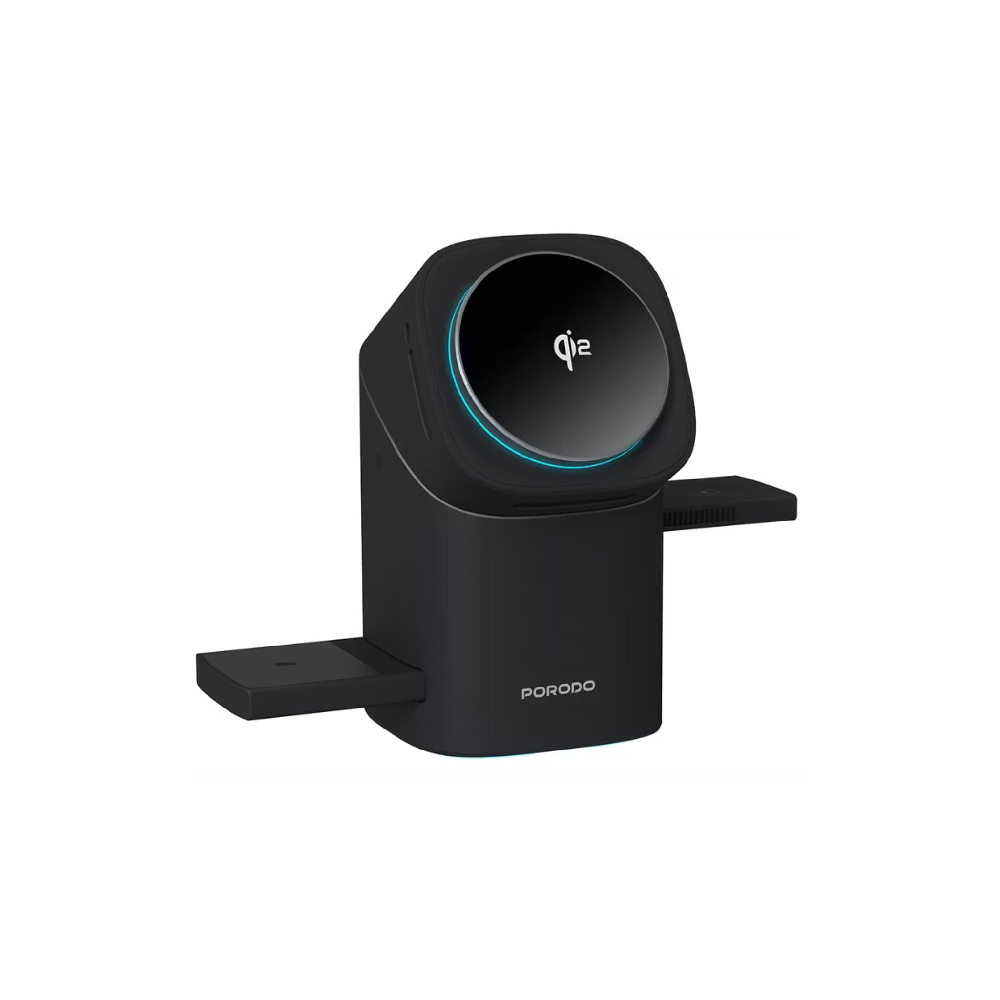 Black wireless charging stand with 'Porodo' branding on a white background
