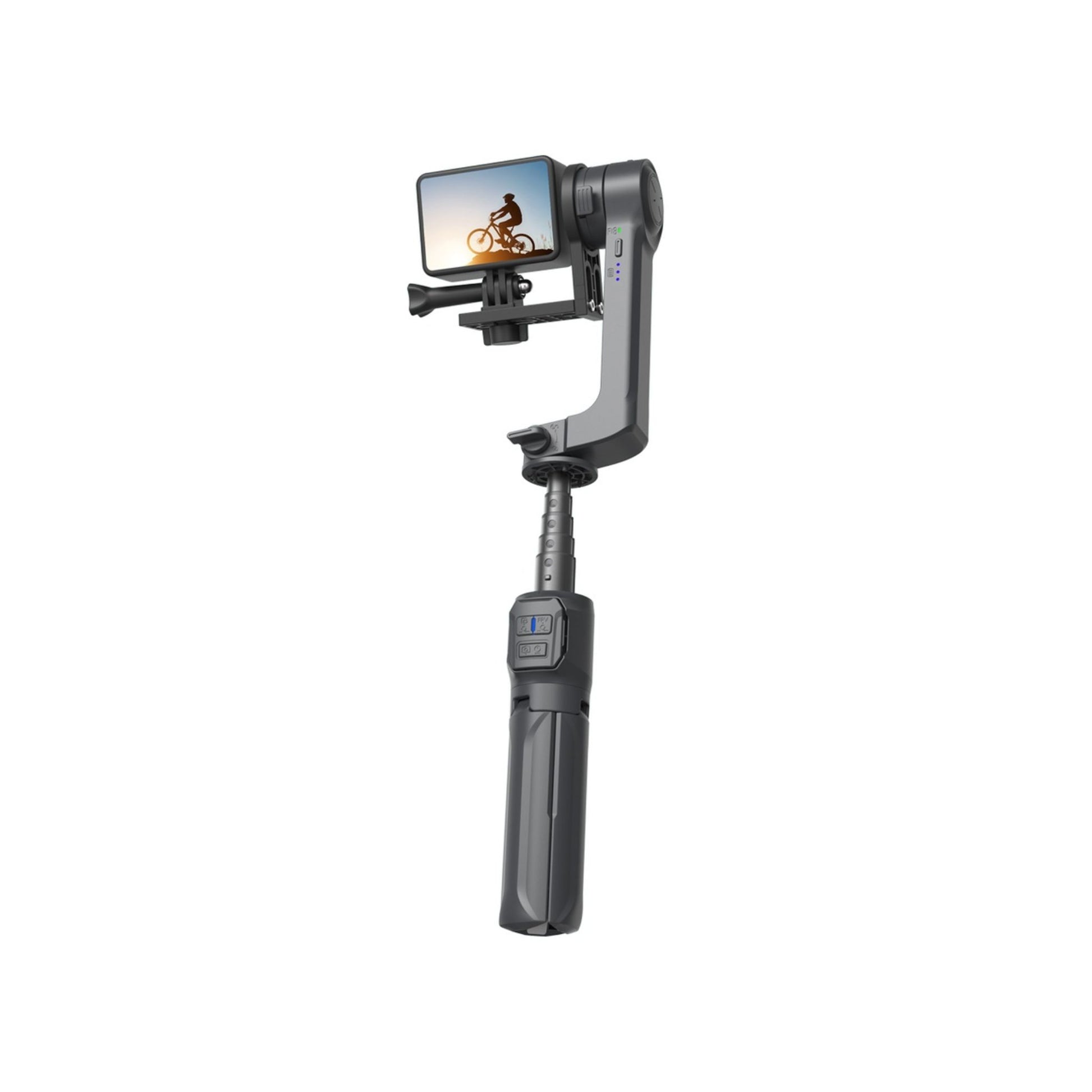 A black Porodo 2-Axis Gimbal Stabilizer with a smartphone attached, featuring a detachable light and anti-shake technology.