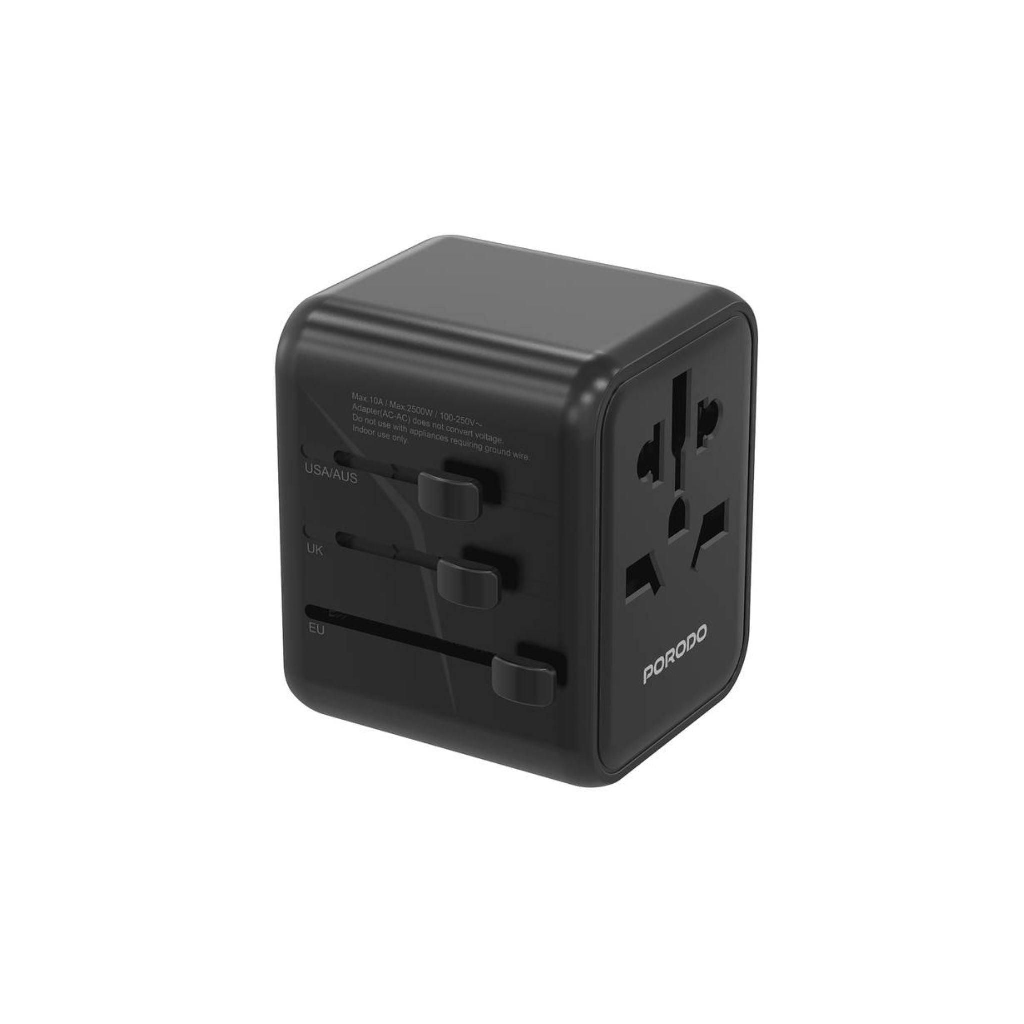 Porodo Dual USB-A Universal Travel Adapter 2.4A, Lightweight & Portable, Travel Friendly, Fast Charging, Dual USB-A, 0–35°C Operating Temperature, Built-in Safeguards - Black