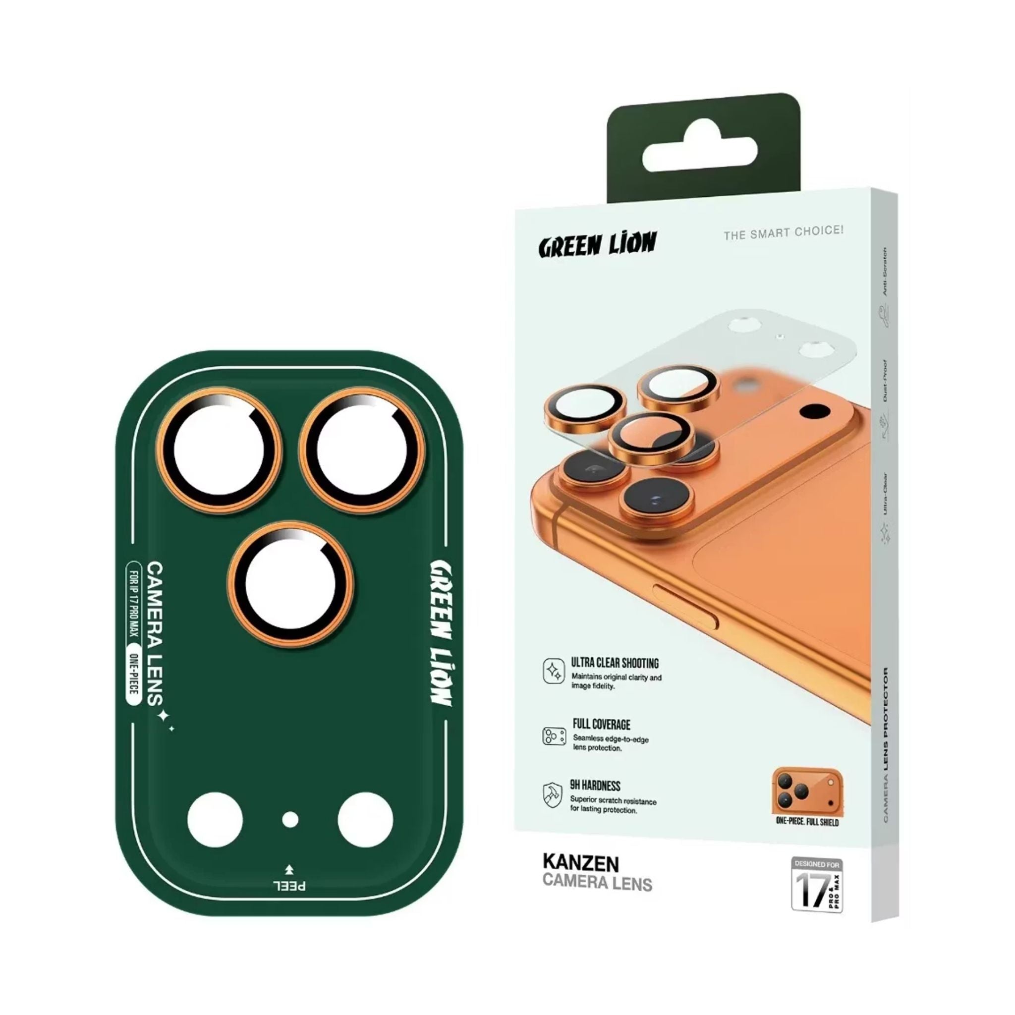 Green Lion Kanzen Camera Lens for iPhone 17 Pro, 9H Hardness, Easy to Apply, Anti Fingerprint, Bubble Free, Full Coverage, Ultra Clear Shooting, Impact Resistant, Ultra-Thin Base - Orange