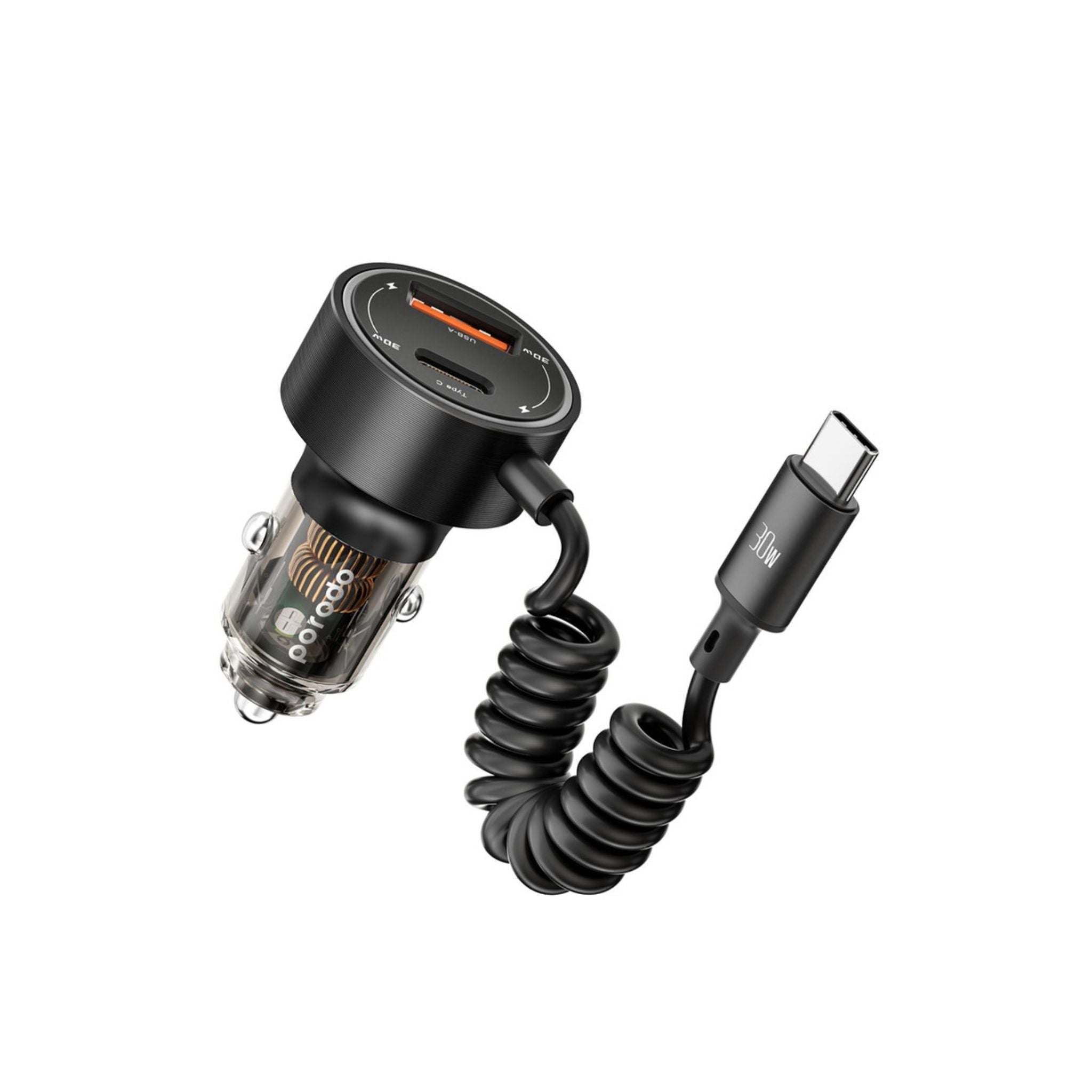 Porodo 60W Transparent Dual Port Car Charger with PD 30W & QC 18W, Integrated Type-C Cable, Aluminum Alloy & PC Material, Universal Compatibility, Simultaneous Charging - Black