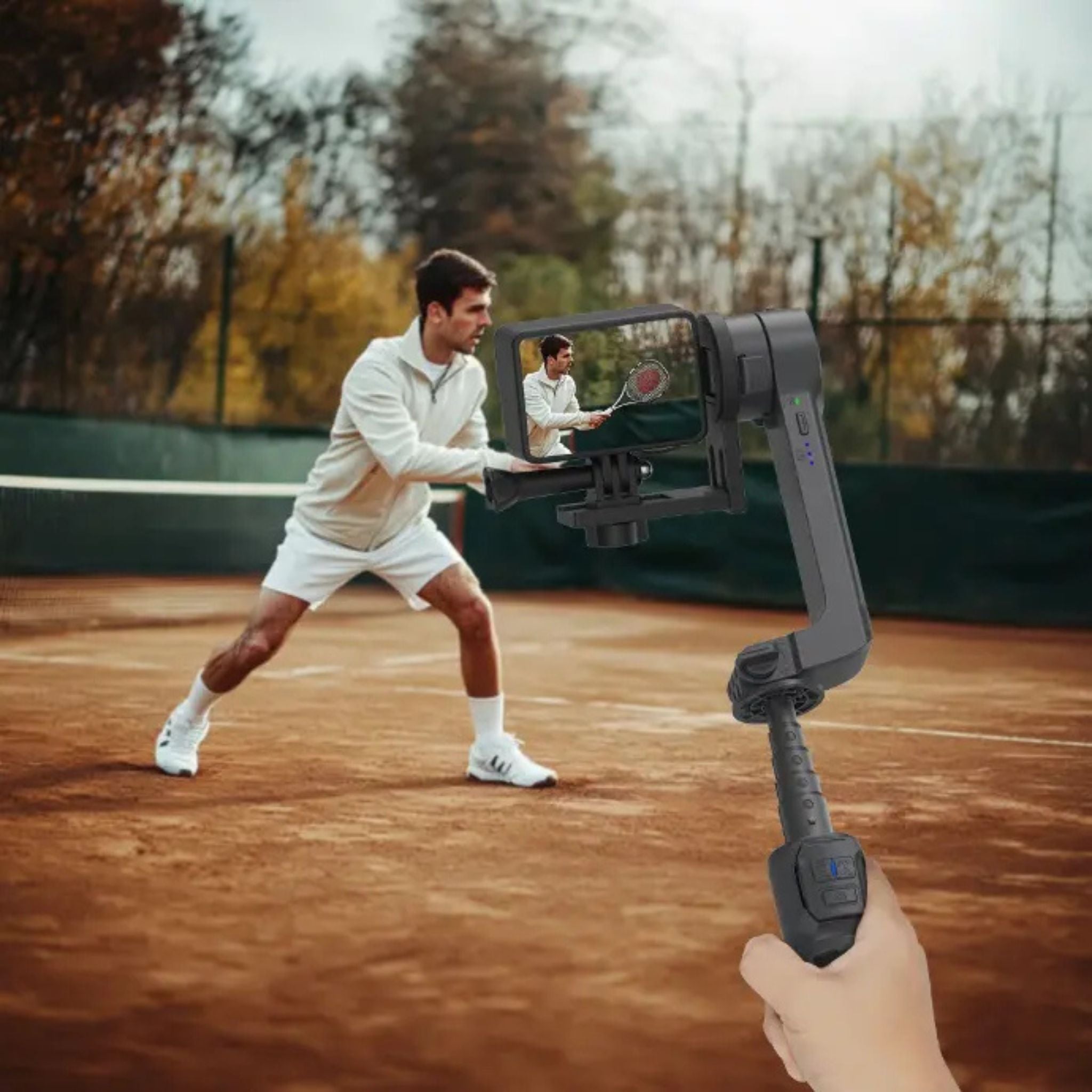 Porodo 2-Axis Gimbal Stabilizer with 3 Light Modes, Up to 8 Hours Working Time, FPV Mode, Anti-Shake, Detachable Light, Compatible with Smartphones & Action Cameras - Black