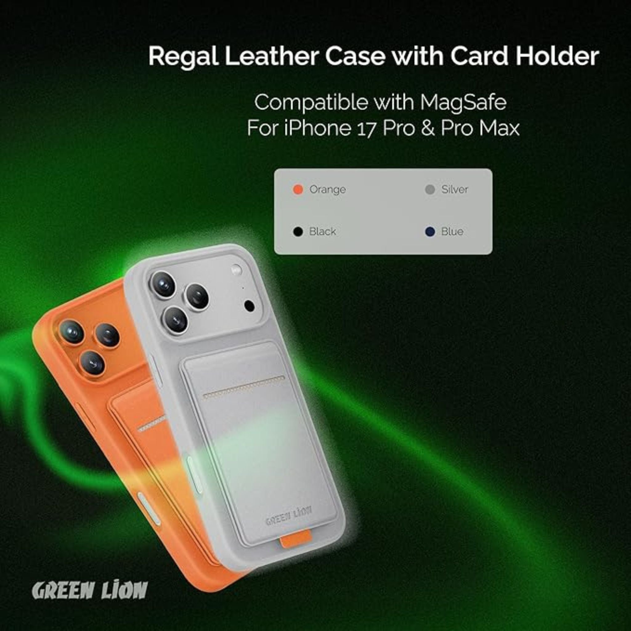 Green Lion Regal MagSafe Leather Case with Card Holder for iPhone 17 Pro, Anti-Fingerprint, Foldable Stand, Camera Protection, Comfortable Grip, Anti-Scratch, Shock Absorption - Black