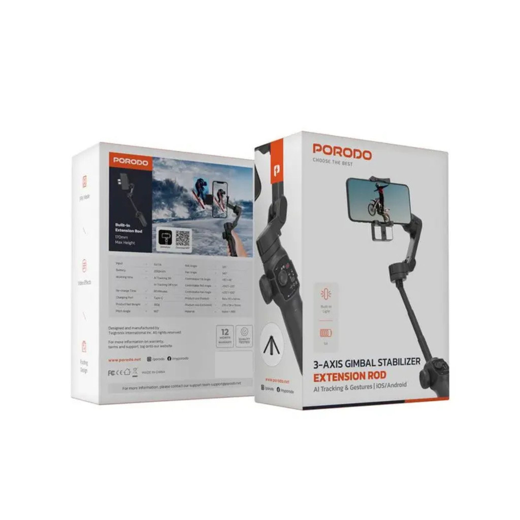 Porodo AI Tracker Gimbal P9 with 6 Hours Working Time, iOS/Android APP, Video Effects, 80 Minuets Working Time - Black