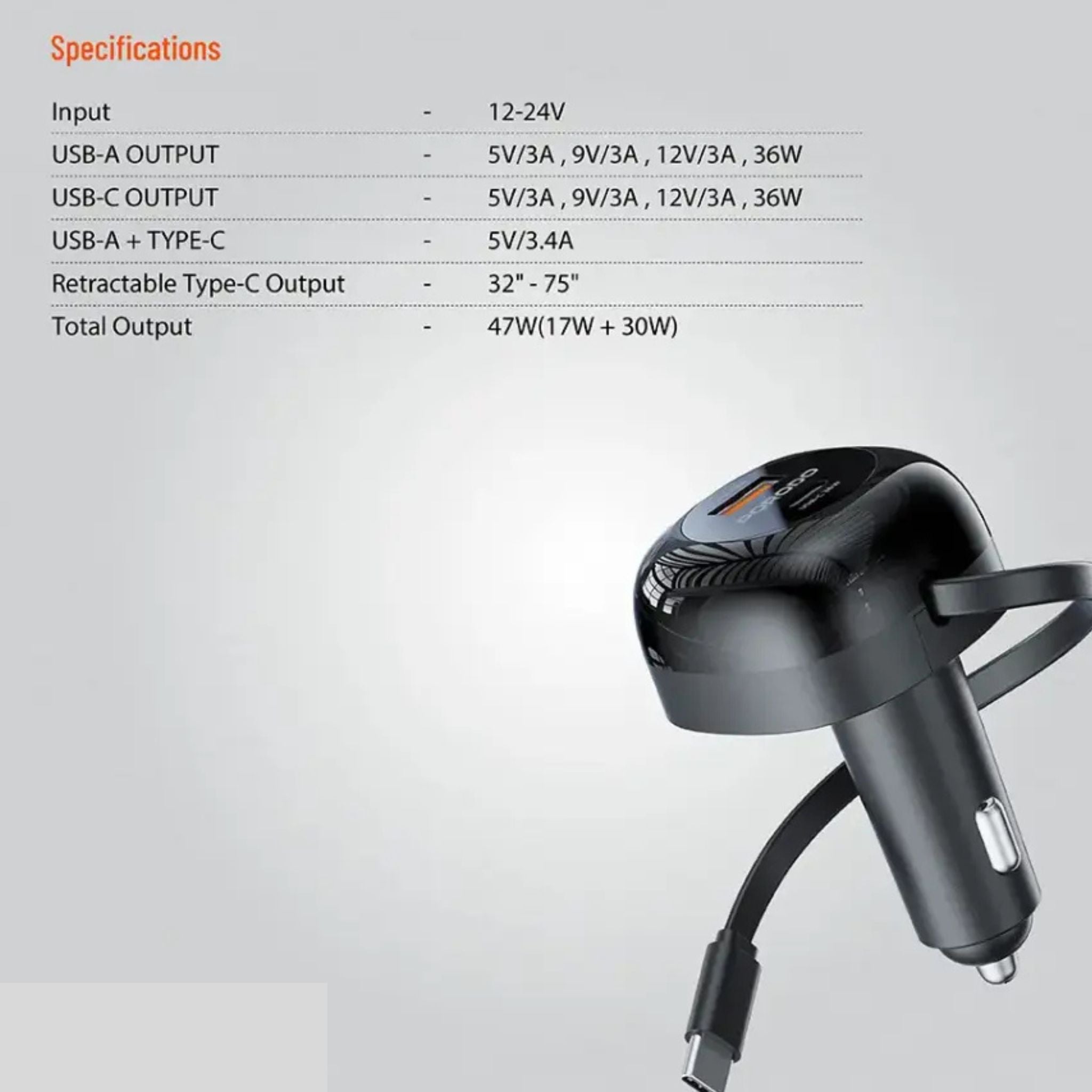 Porodo Dual Port Car Charger with 80cm Retractable Type-C Cable, Simultaneous Charging, Universal Compatibility, 47W Total Output Power - Black