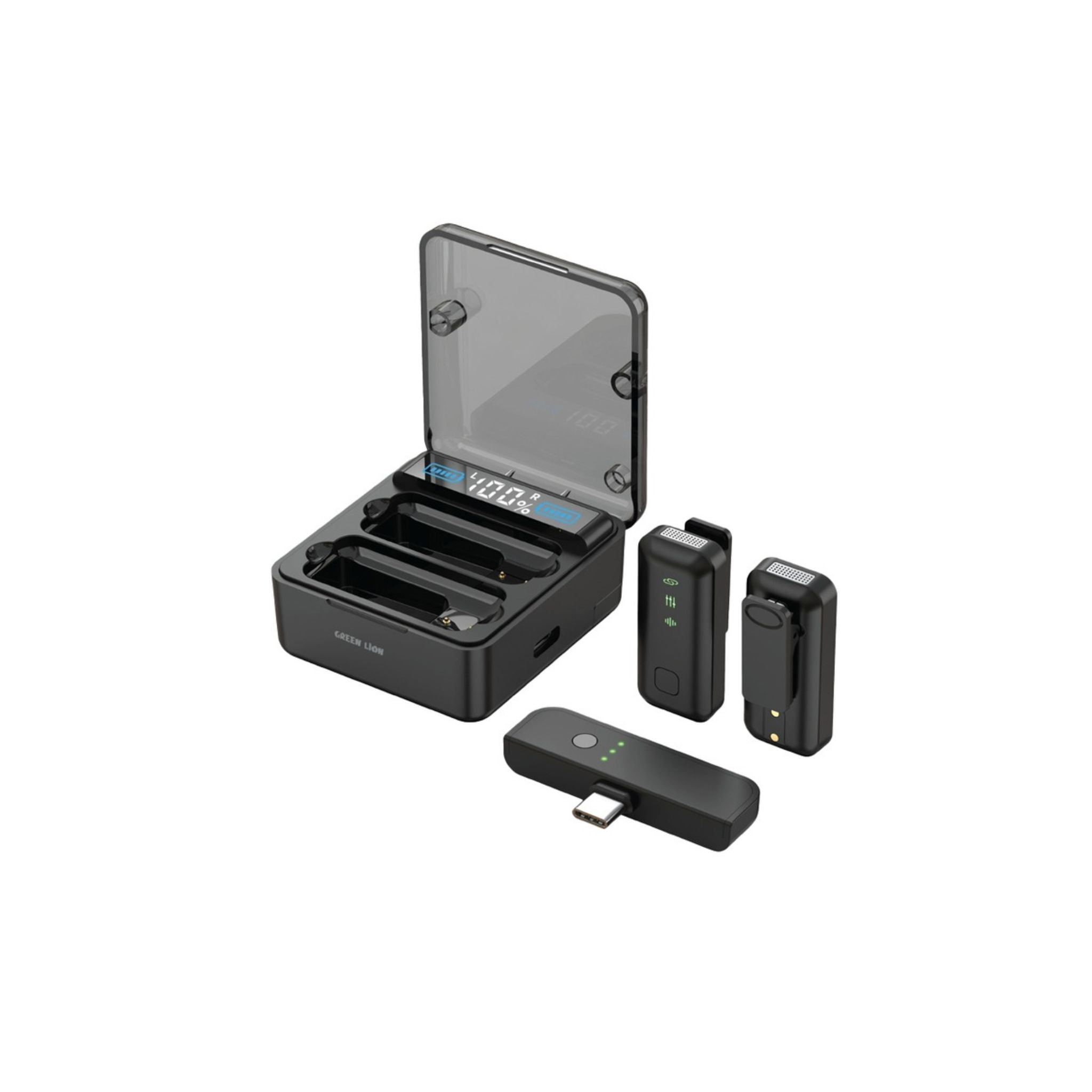 The image shows a Green Lion 2-in-1 microphone with digital display. The microphone is open, revealing its internal components, and there are two wireless transmitter units displayed beside it.
