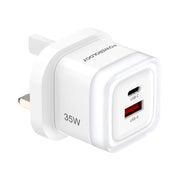 Powerology Lunex Dual-Port Fast Charging Adapter with USB-C & USB-A Ports, 35W Power Delivery, 22.5W USB-A Output, UK 3-Pin Plug, Universal Protocol Support, Multi-Device Charging - White