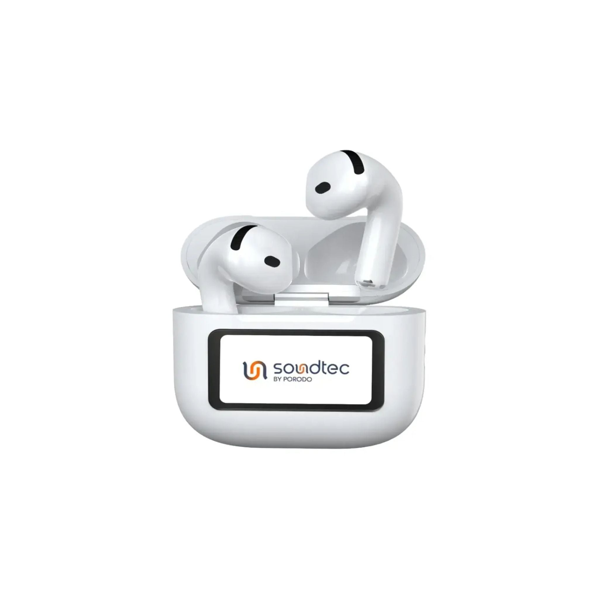 The image shows a pair of white Porodo Soundtec Glimpse ANC earbuds with a touch display and control panel visible.