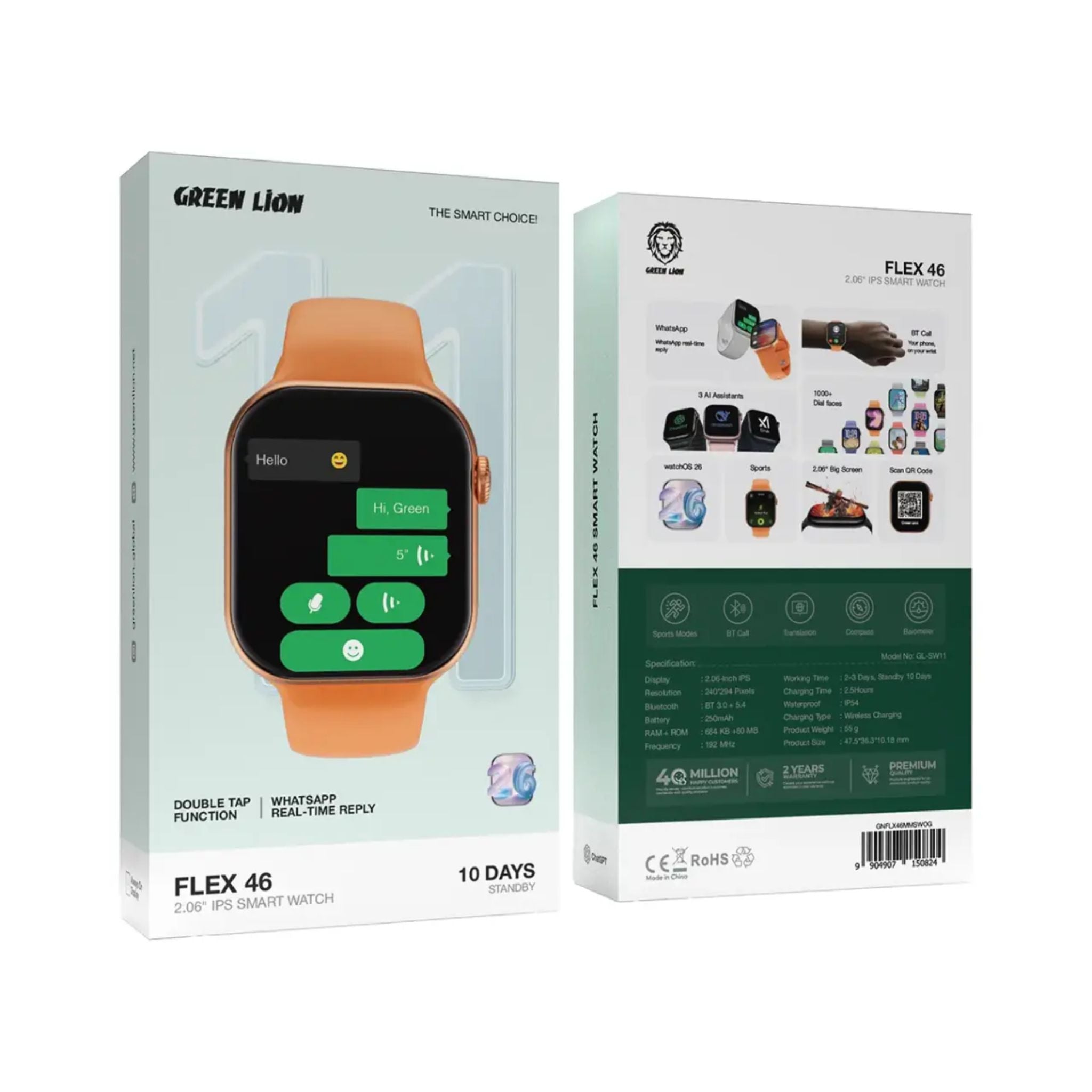 Green Lion Flex 46, 2.06'' IPS Smart Watch, Double Tap Function, WhatsApp Real-Time Reply, 10 Days Standby, Always-On Display, 3 Ai Assistants, Sports Mode, BT Call, Translation, Compass, Barometer, 250mAh Battery, IP54 Waterproof Smart Watch - Orange