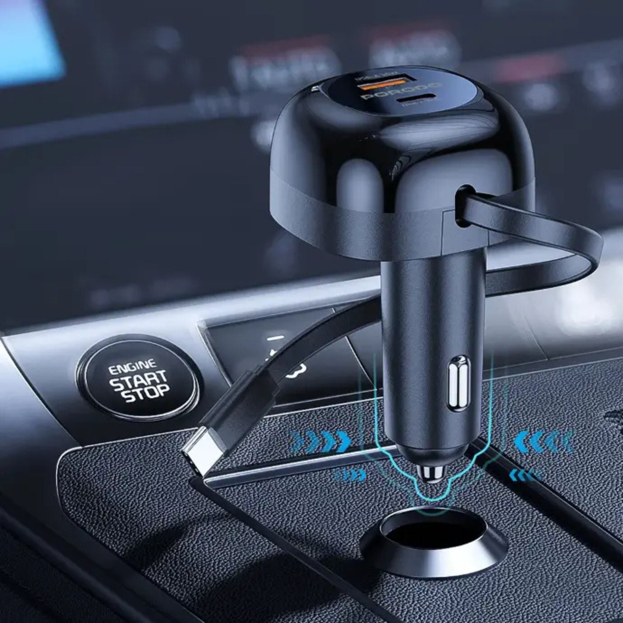 Porodo Dual Port Car Charger with 80cm Retractable Type-C Cable, Simultaneous Charging, Universal Compatibility, 47W Total Output Power - Black