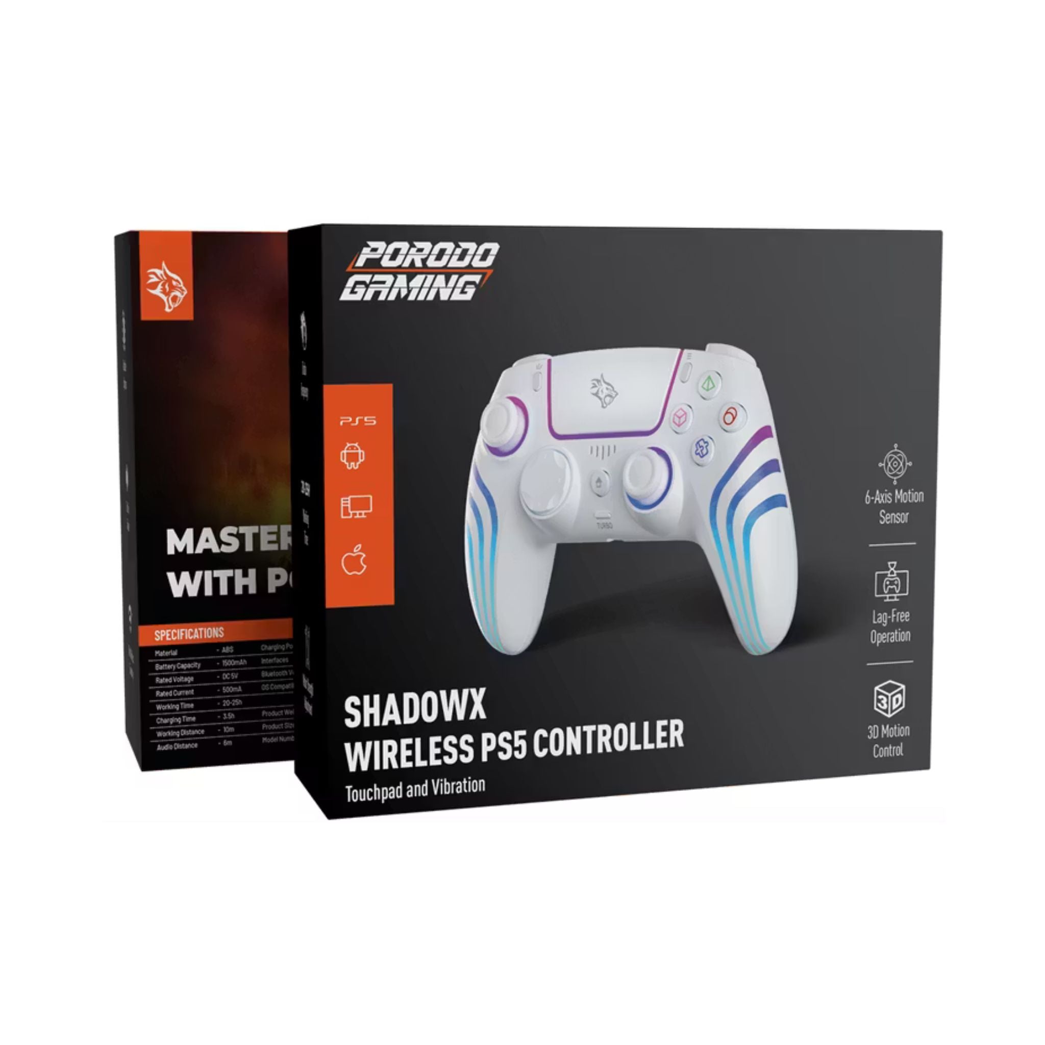 Porodo Gaming ShadowX Wireless Controller – Bluetooth 5.3, For Android / iOS / PC / PS5, RGB Adjustable Brightness, Built-in Speaker, Turbo Mode, USB-C Charging-White