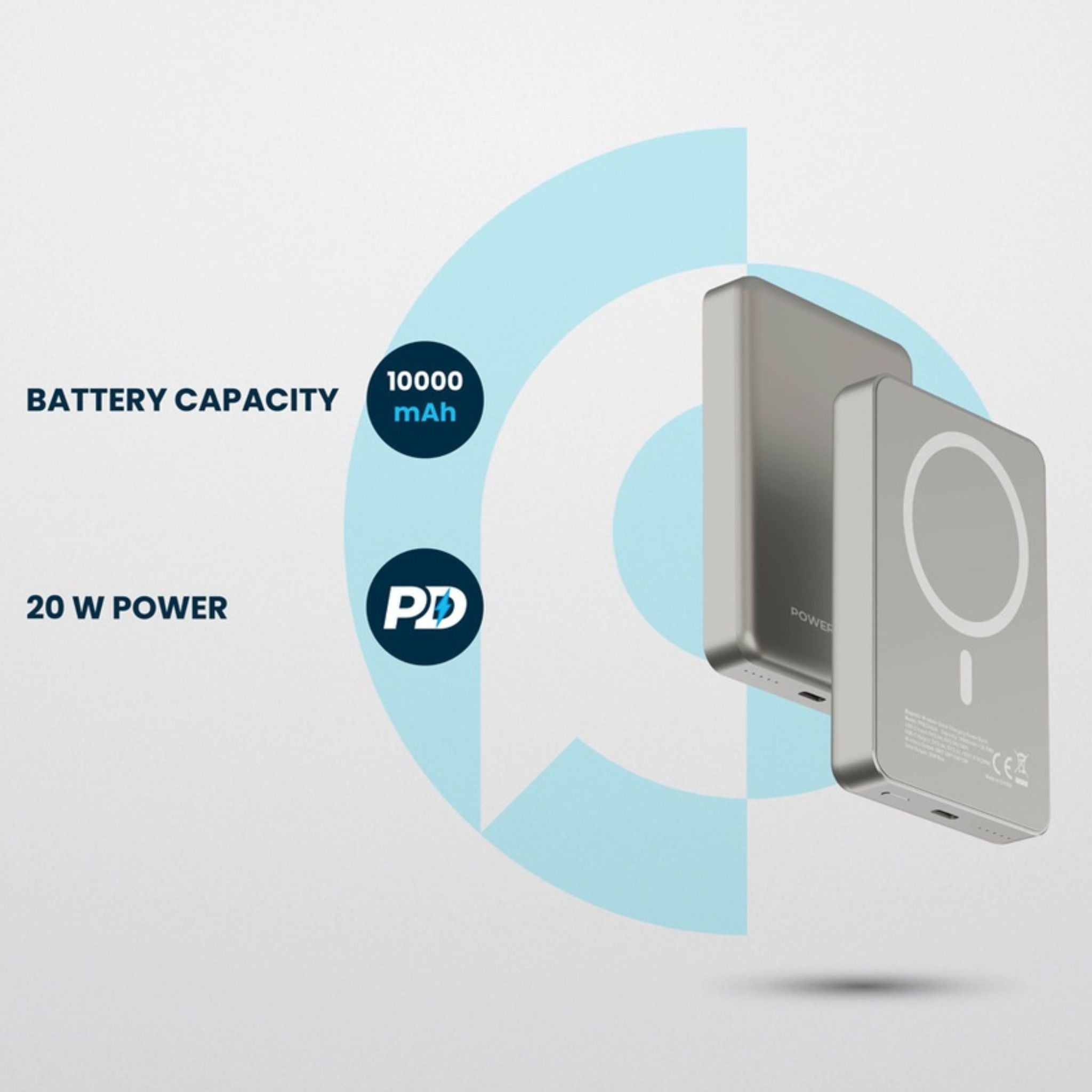 Powerology 10000mAh MagSafe Aluminum Power Bank with Battery Level Indicator, Lightweight & Compact Design, Fast & Simultaneous Charging, Type-C Input & Output, 15W Wireless Output - Titanium