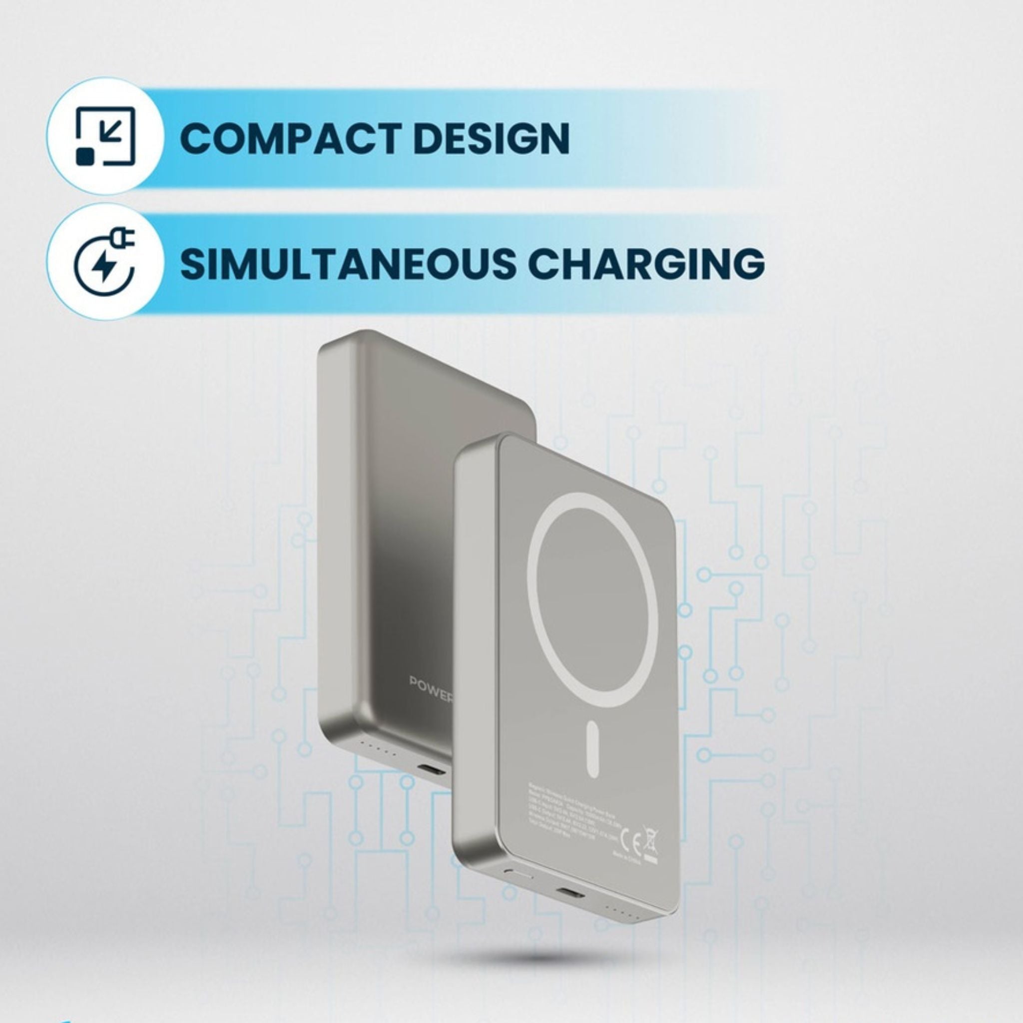 Powerology 10000mAh MagSafe Aluminum Power Bank with Battery Level Indicator, Lightweight & Compact Design, Fast & Simultaneous Charging, Type-C Input & Output, 15W Wireless Output - Titanium