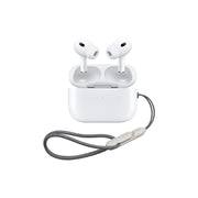 A pair of white Modio K5 true wireless earphones with a charging case.